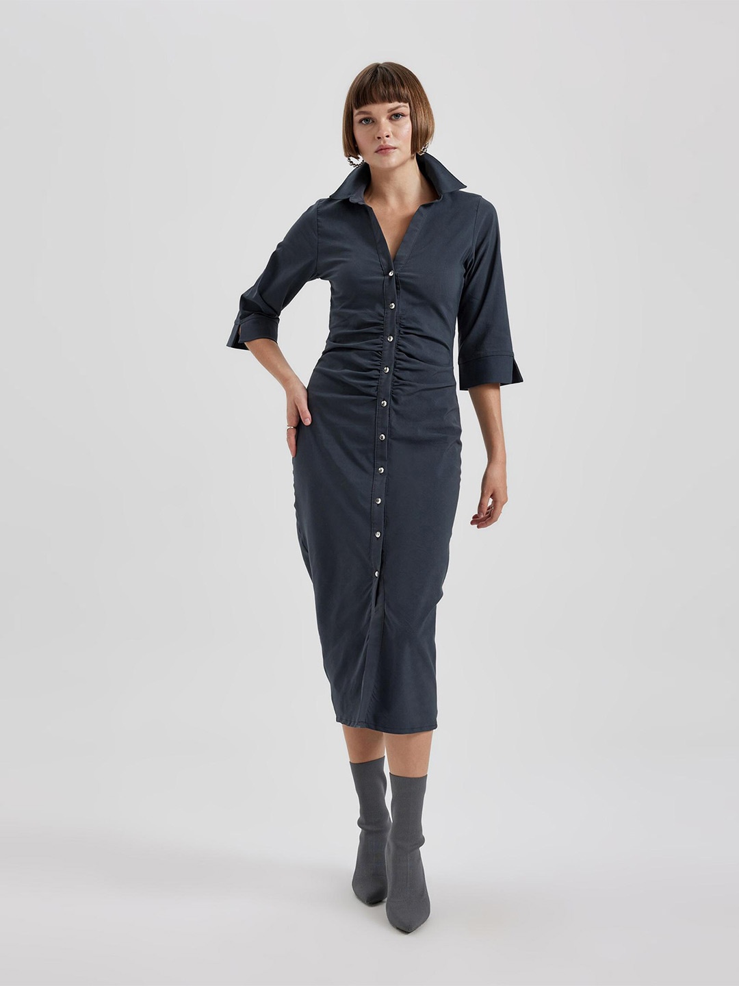 

DeFacto Gathered Midi Shirt Dress, Blue