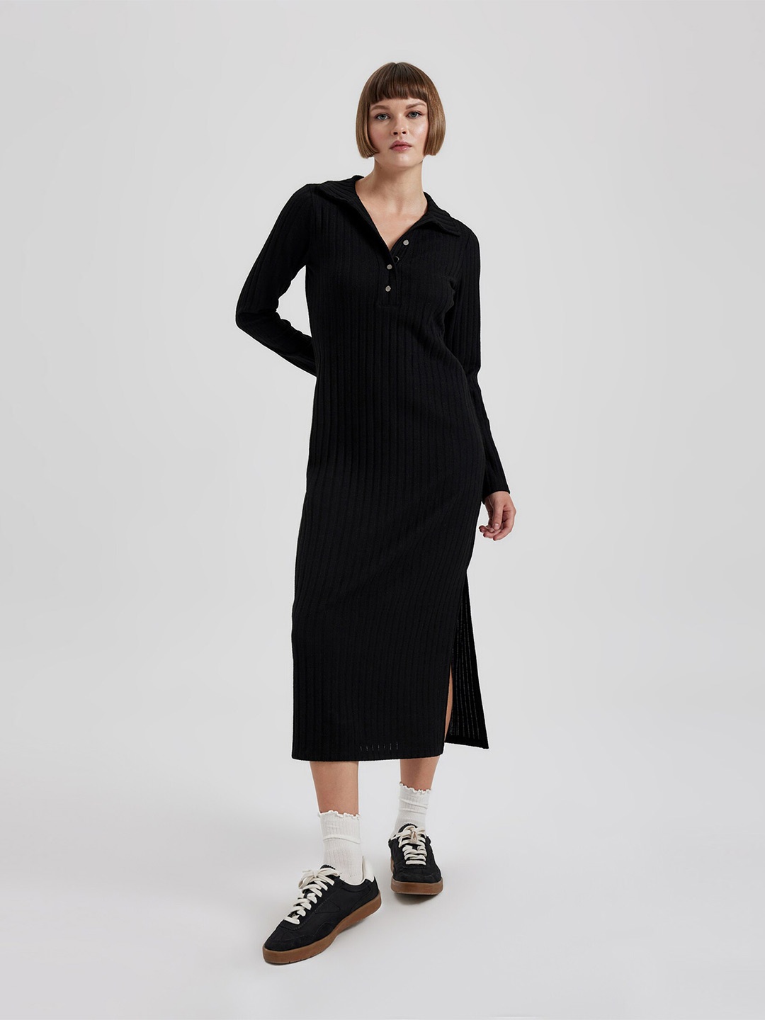

DeFacto Ribbed Shirt Collar Long Sleeves Side Slit Midi Jumper Dress, Black