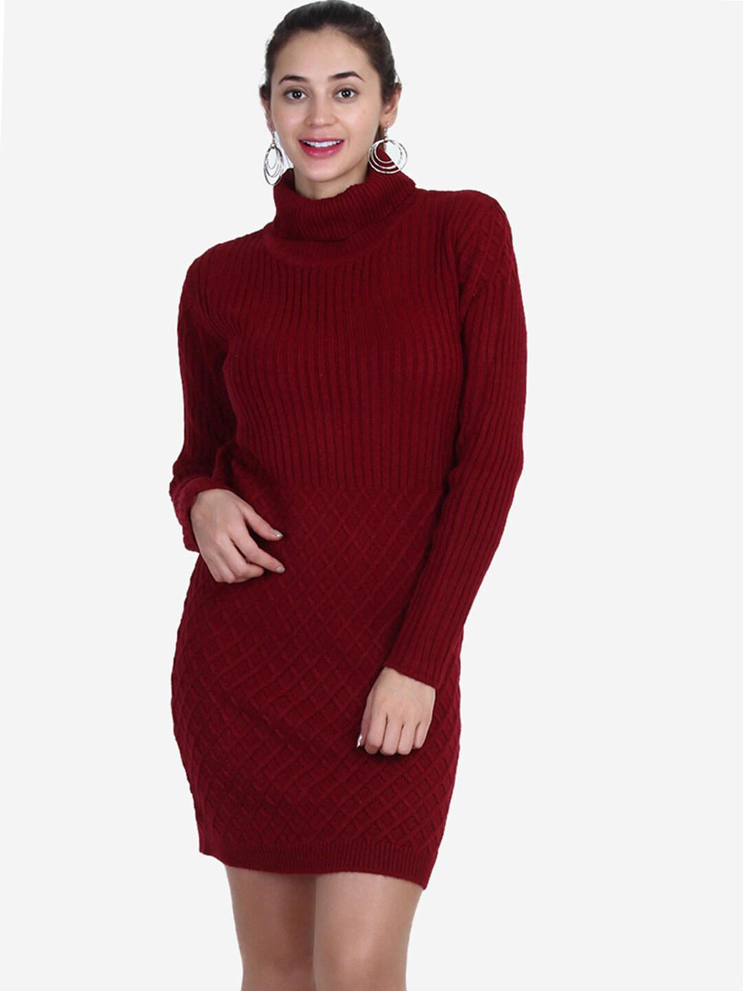 

Chemistry Self-Design High Neck Long Sleeves Mini Acrylic Sheath Dress, Maroon