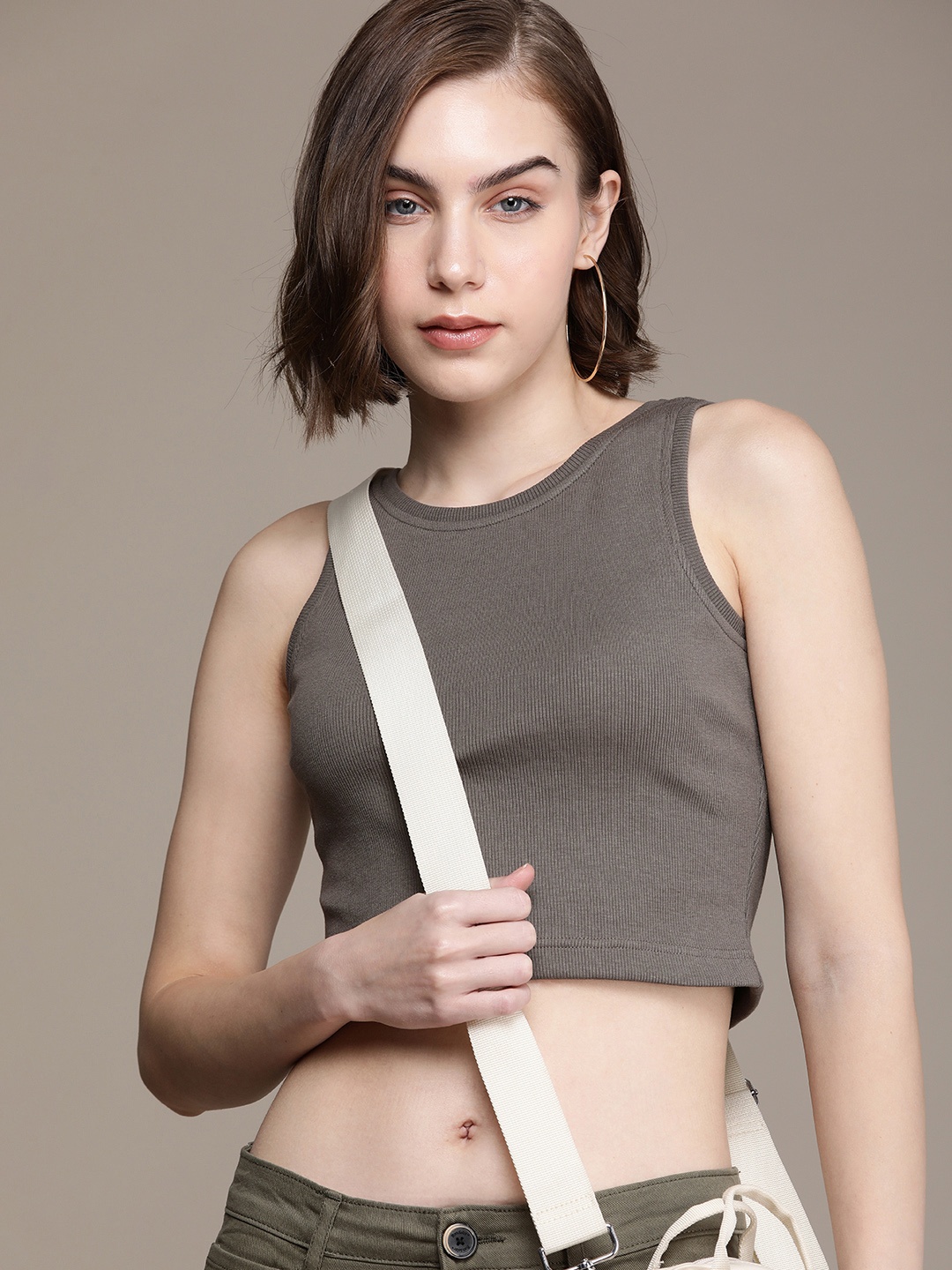 Roadster Solid Tank Crop Top, Grey