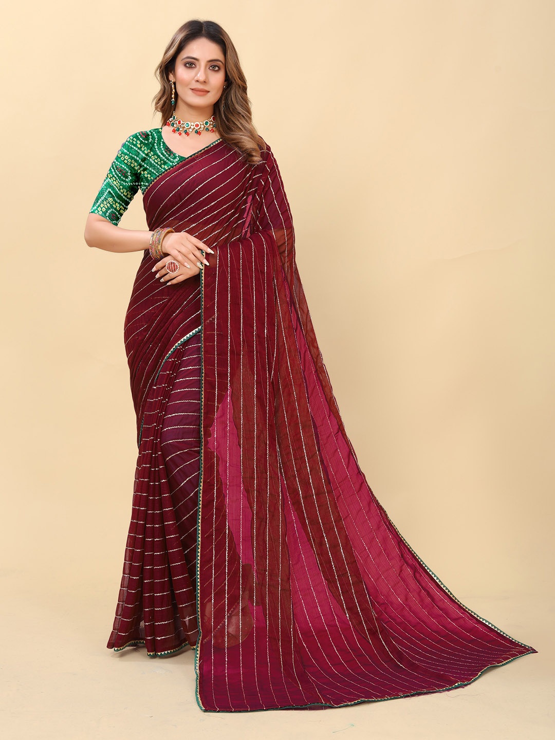 

ZELZIS Striped Gotta Patti Saree, Maroon
