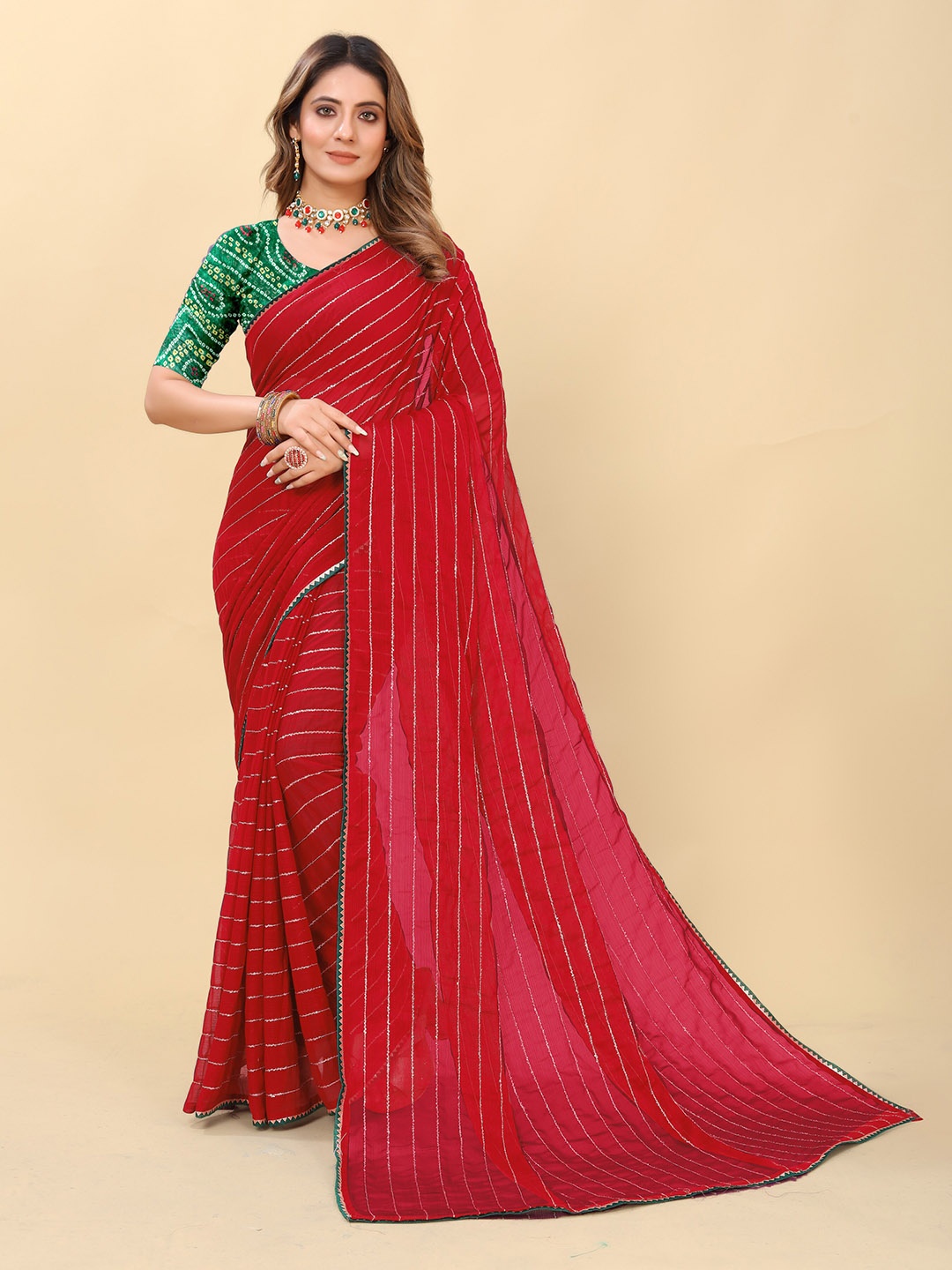

ZELZIS Striped Gotta Patti Saree, Red