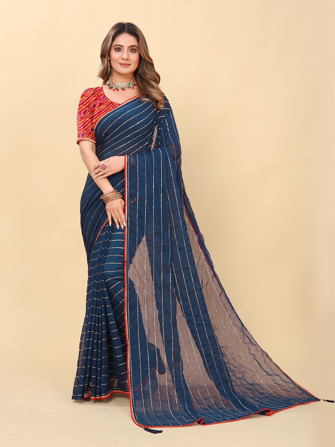 

ZELZIS Striped Gotta Patti Saree, Navy blue