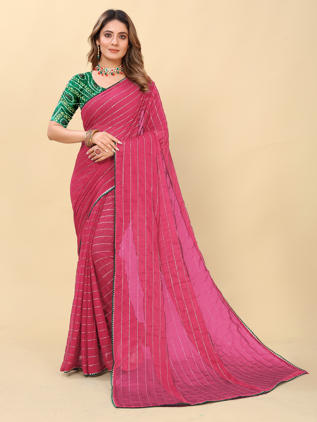 

ZELZIS Striped Poly Georgette Saree, Pink