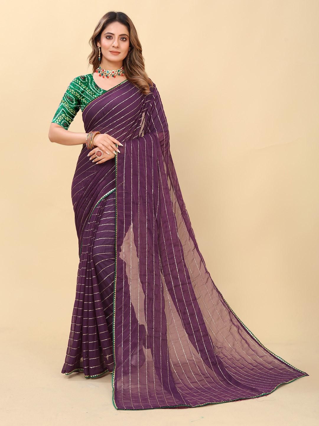 

ZELZIS Striped Gotta Patti Saree, Purple