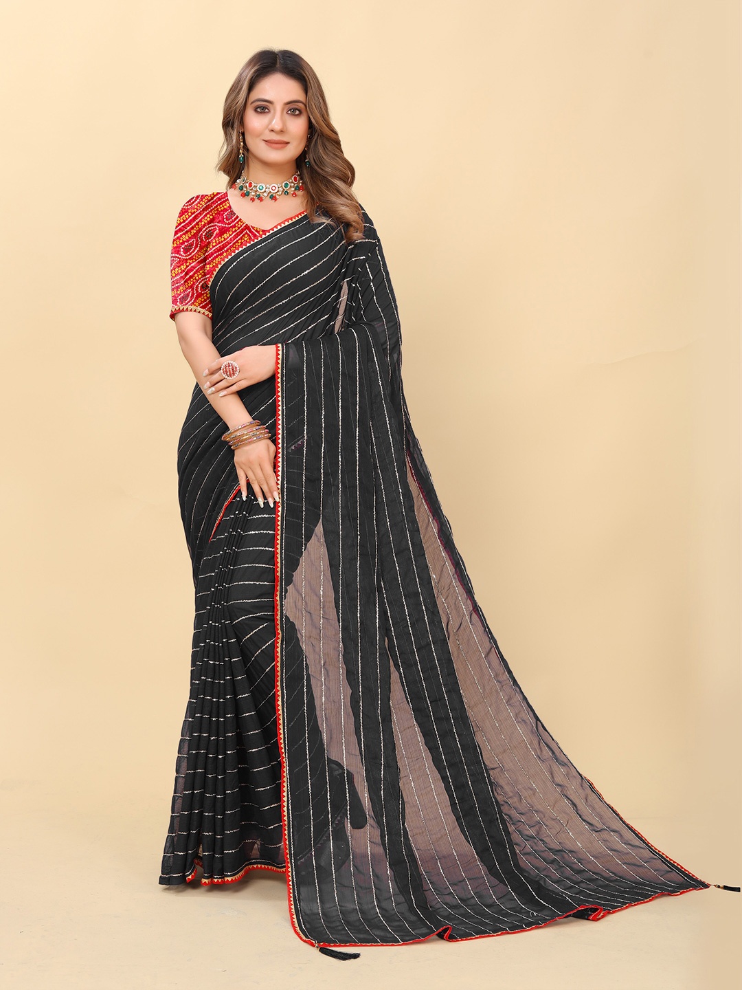 

ZELZIS Striped Gotta Patti Saree, Black