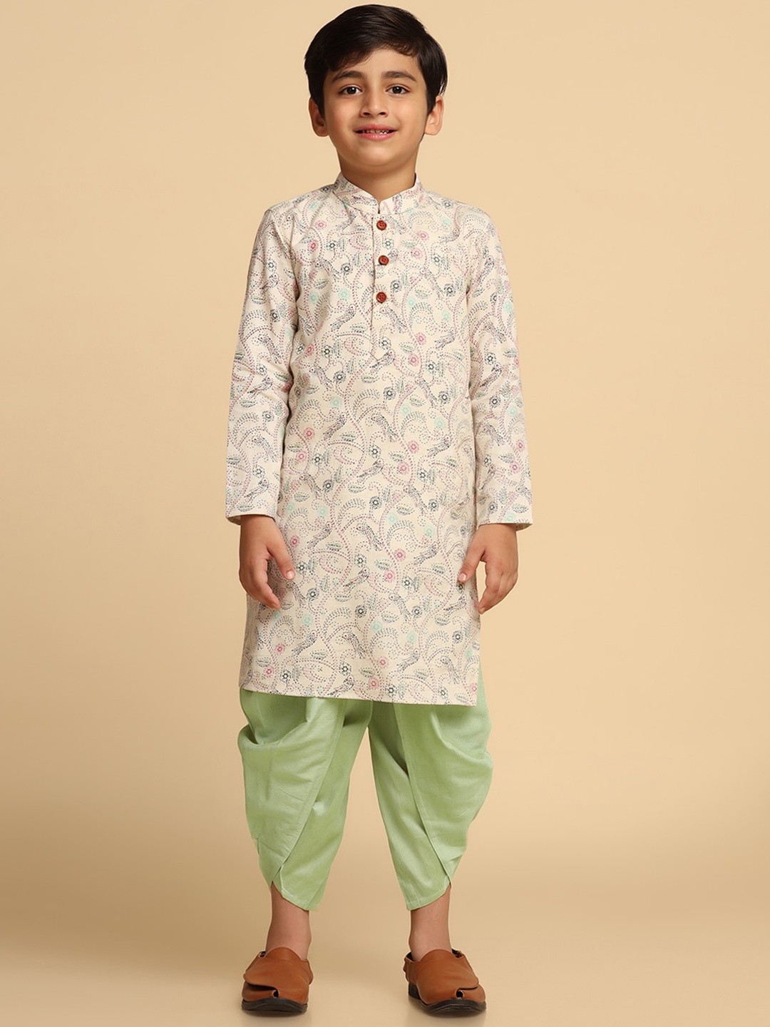 

KISAH Boys Floral Printed Mandarin Collar Regular Kurta With Dhoti Pants, Cream