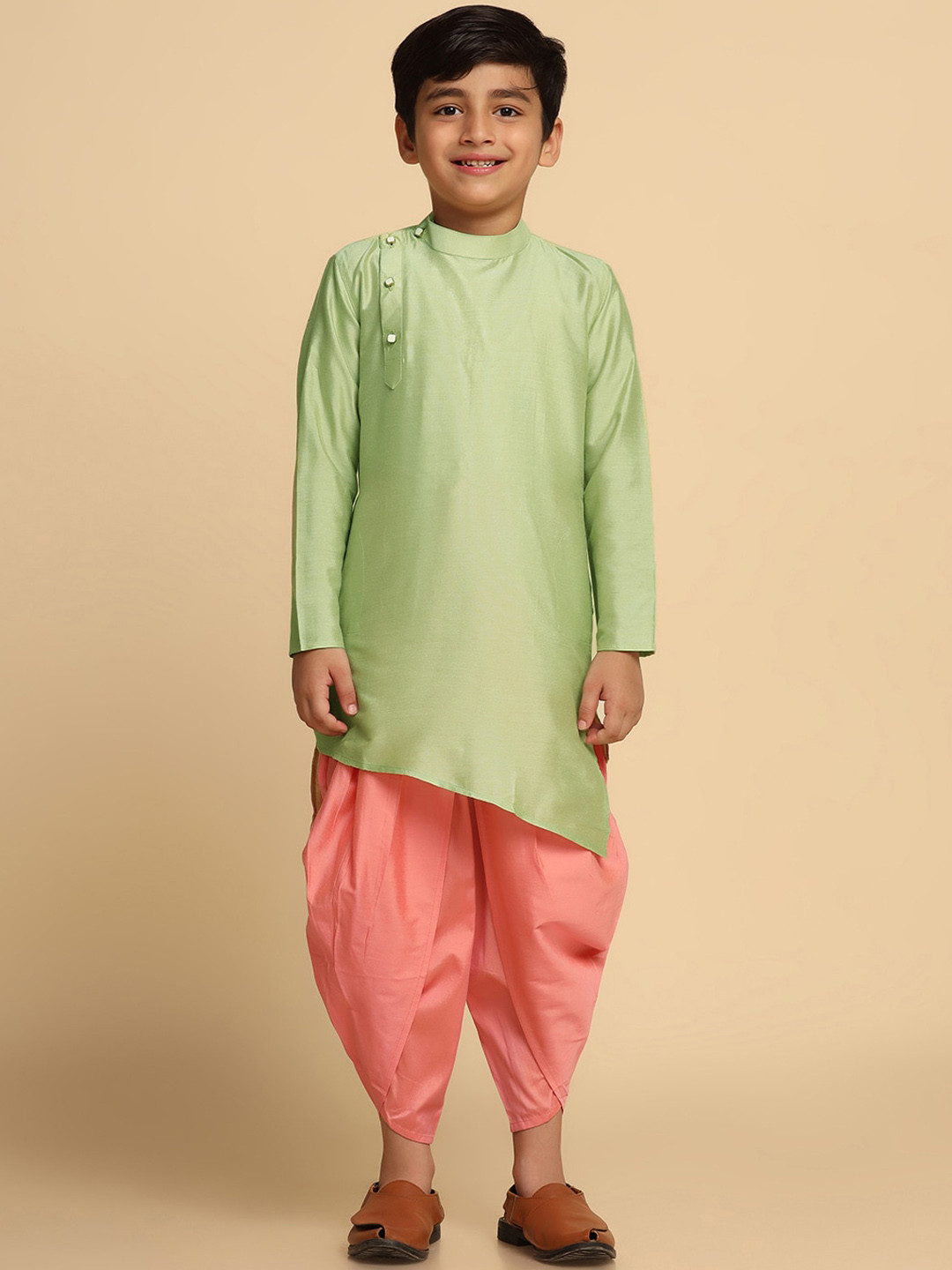 

KISAH Boys Band Collar Long Sleeve Regular Kurta With Dhoti Pant, Green
