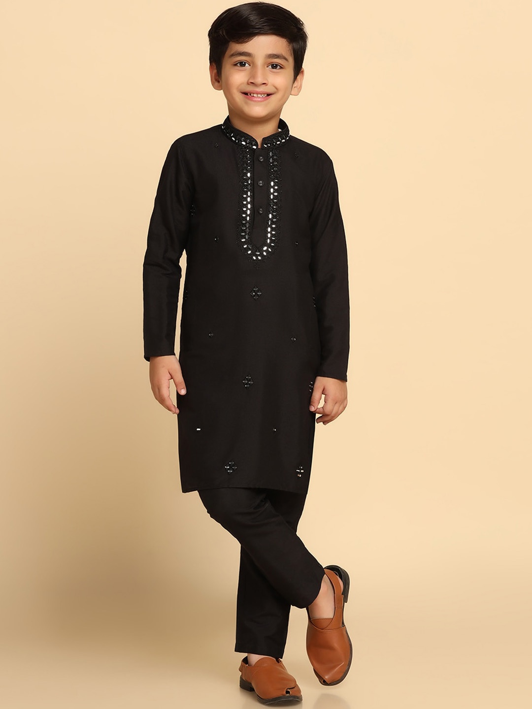 

KISAH Boys Mirror Work Embroidered Regular Fit Kurta Pyjama Set, Black