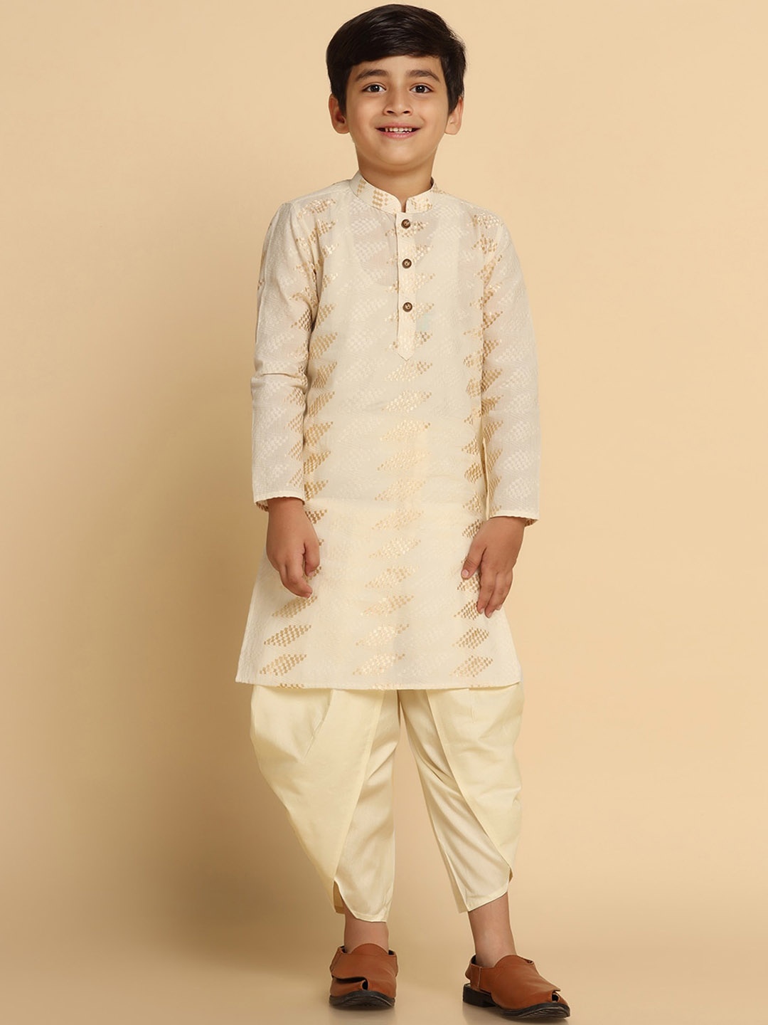 

KISAH Boys Ethnic Motifs Woven Design Mandarin Collar Regular Kurta With Dhoti Pants, Cream