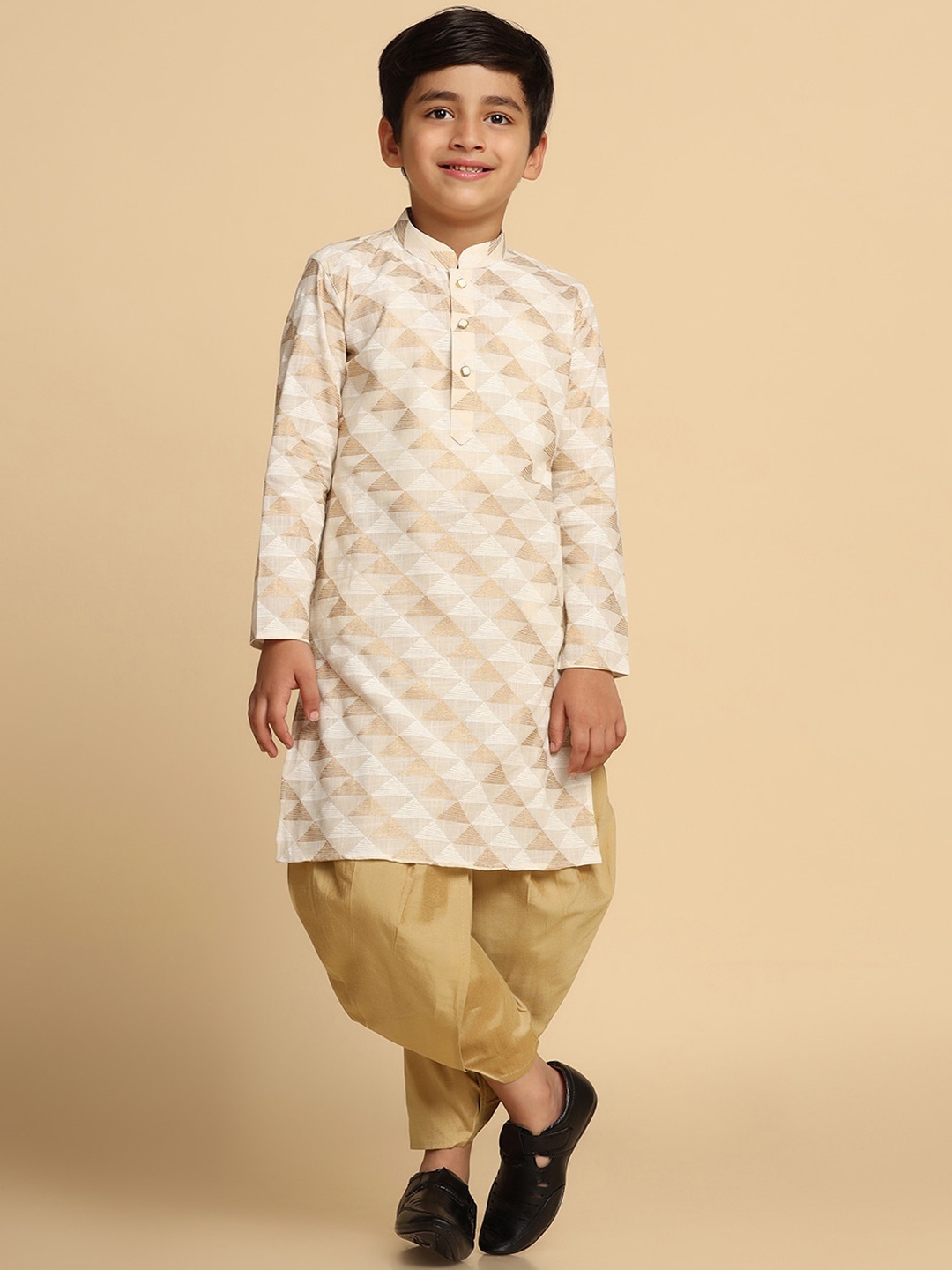 

KISAH Boys Geometric Printed Mandarin Collar Long Sleeve Regular Kurta With Dhoti Pant, White