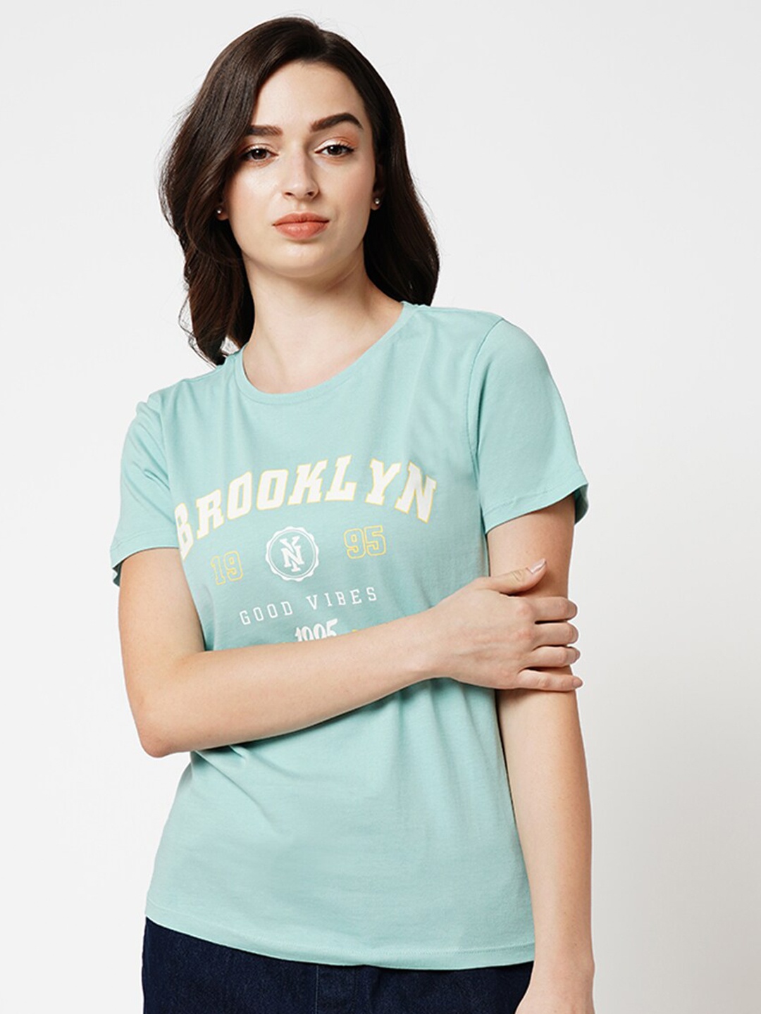 

ONLY Typography Printed Round Neck Pure Cotton T-shirt, Blue