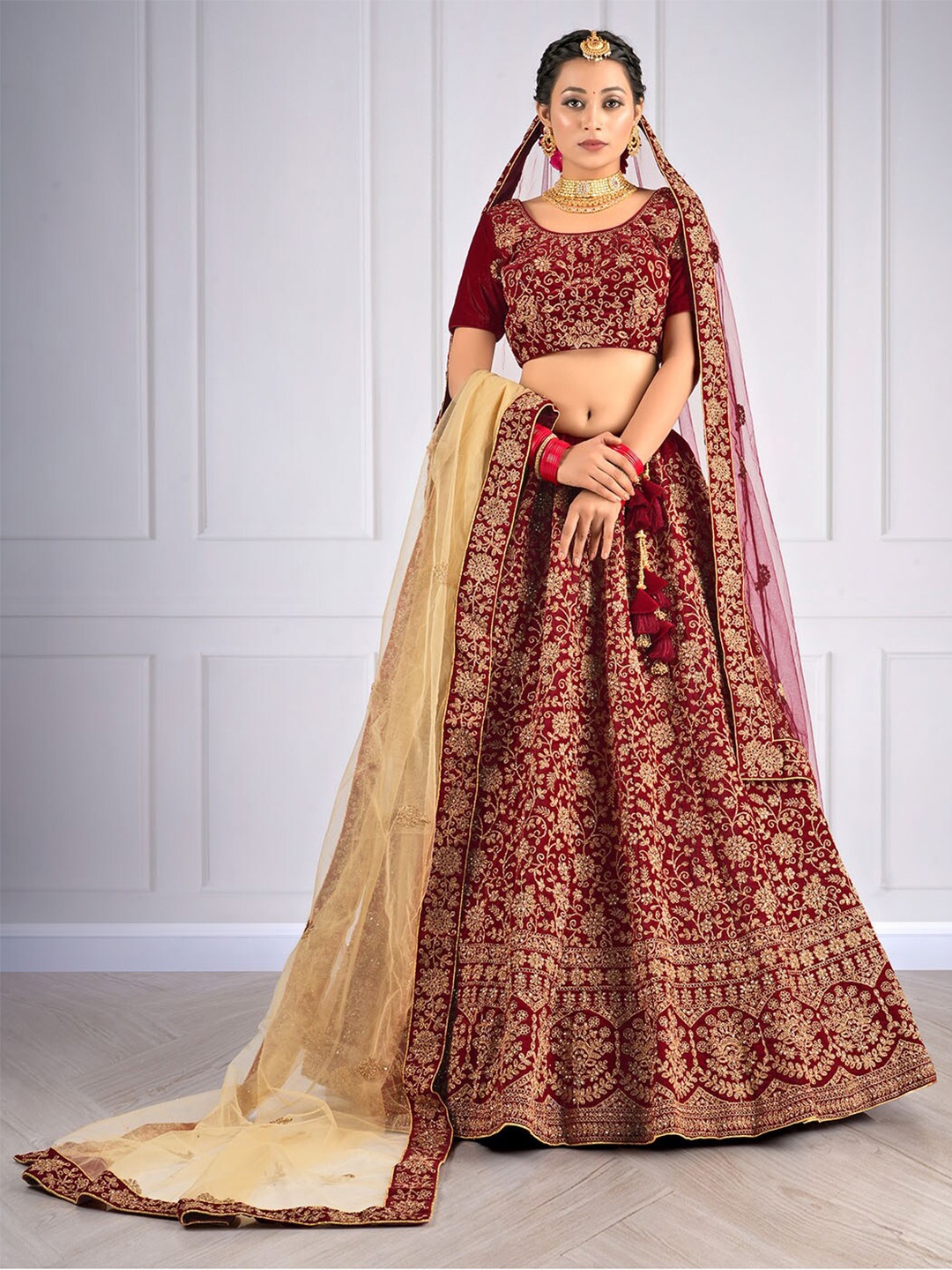 

HALFSAREE STUDIO Embroidered Velvet Unstitched Lehenga & Blouse With Dupatta, Maroon