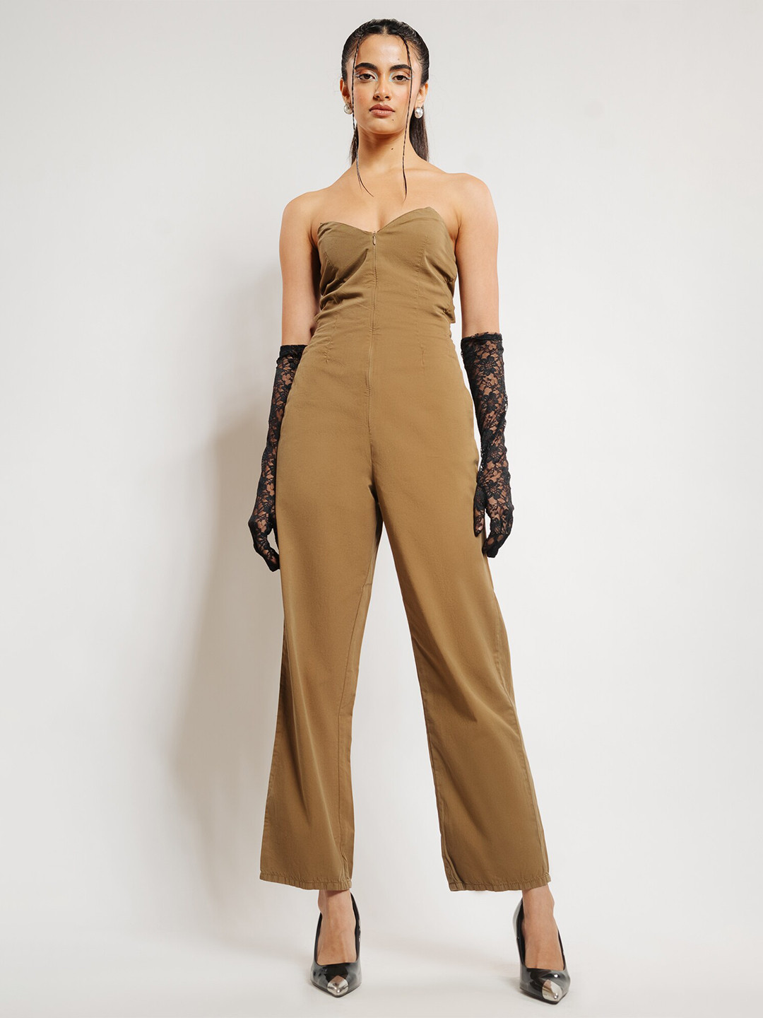

FREAKINS Olive Green Strapless Sleeveless Cut Out Back Jumpsuit