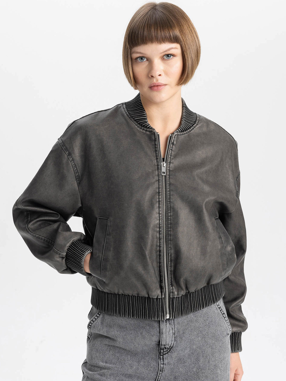 

DeFacto Mock Collar Biker Jacket, Grey