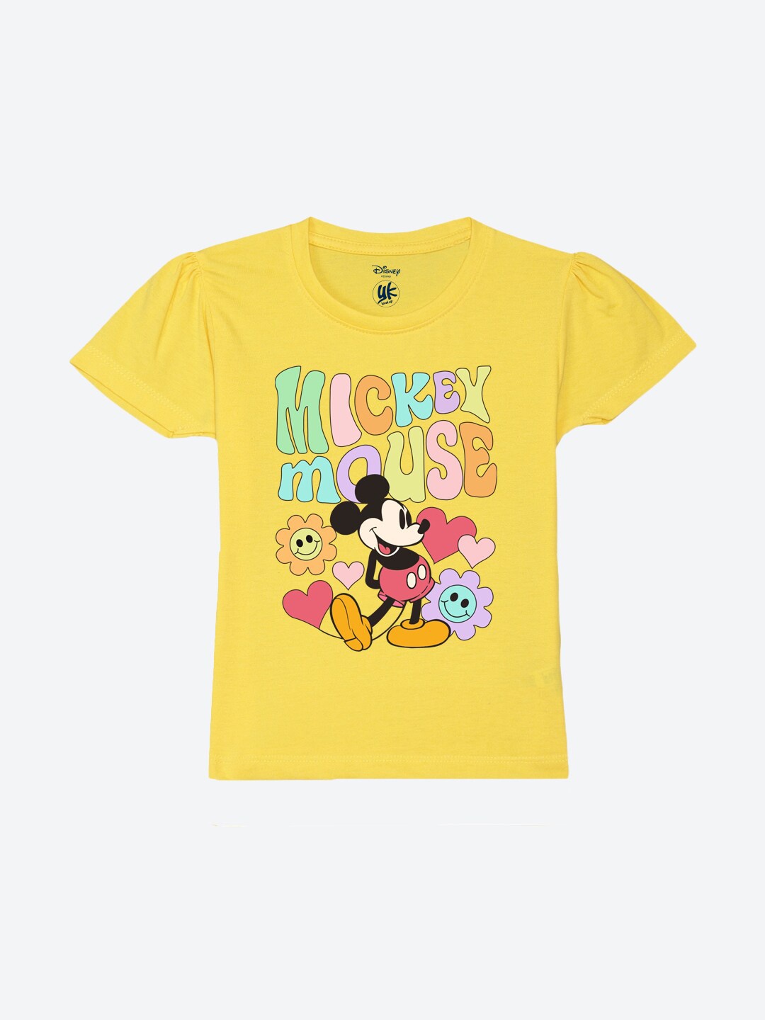

YK Disney Girls Mickey Mouse Printed Round Neck Puff Sleeves Pure Cotton Regular T-shirt, Yellow