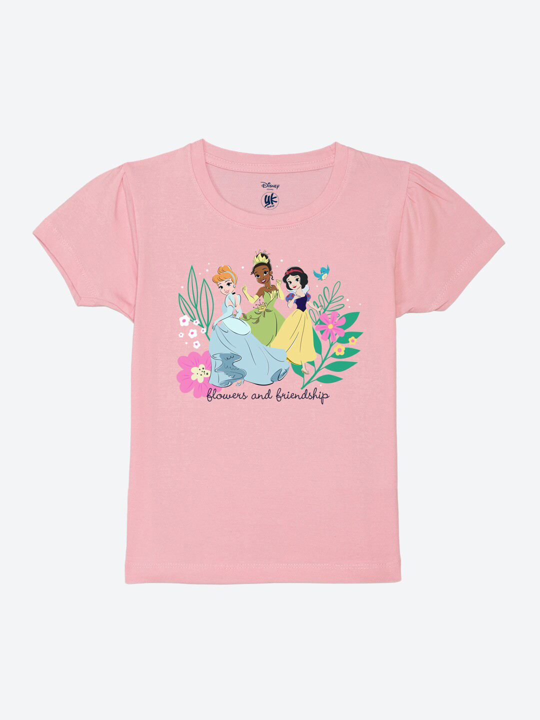 

YK Disney Girls Disney Princess Printed Round Neck Puff Sleeves Cotton Regular T-shirt, Pink