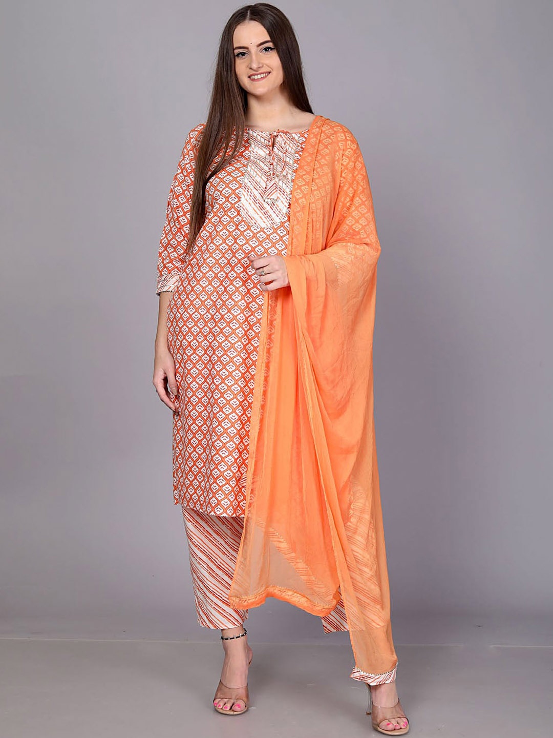 JC4U Ethnic Motifs Printed Tie-Up Neck Gotta Patti Pure Cotton Straight Kurta Set, Orange