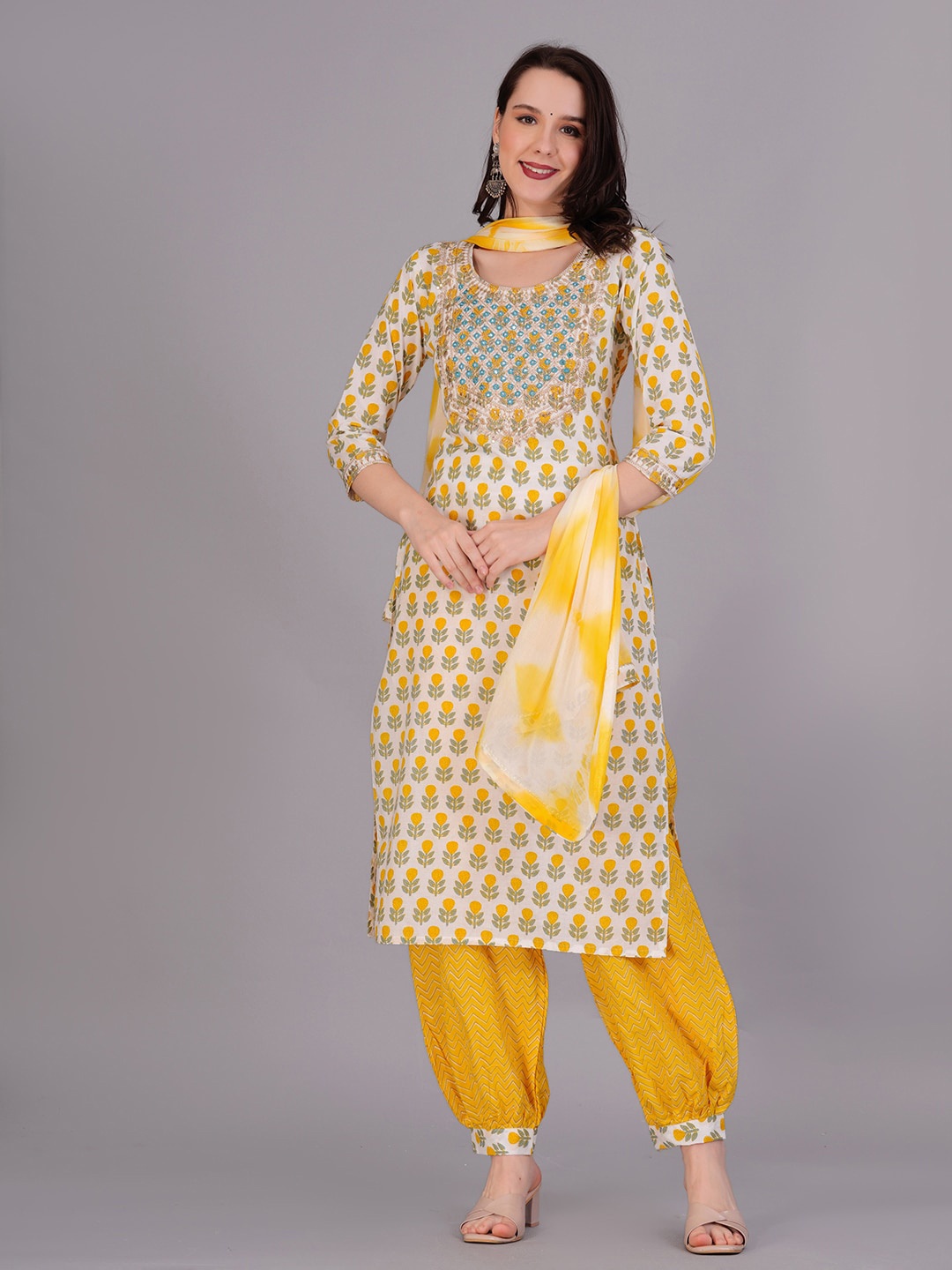 

JC4U Women Ethnic Motif Printed Mirror Work Pure Cotton Kurta With Trousers & Dupatta, Yellow