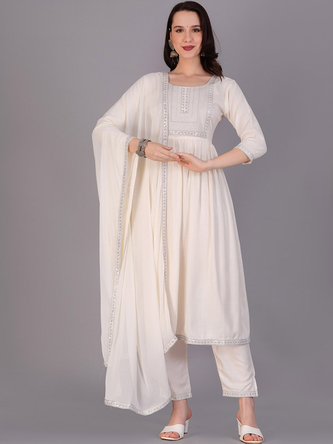 

JC4U Yoke Design Sequinned Kurta With Trousers & Dupatta, White