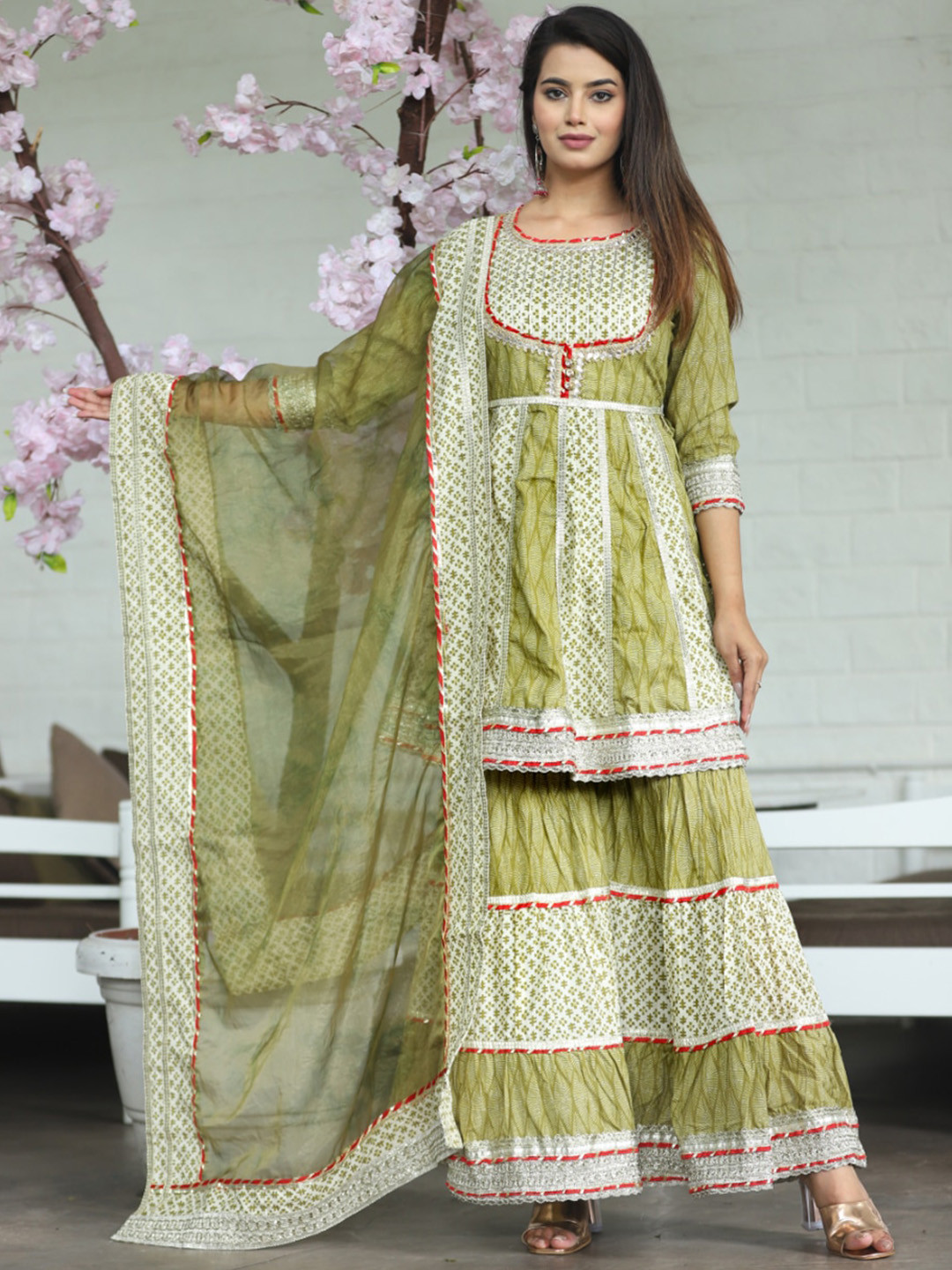 

JC4U Ethnic Motif Printed Gotta Patti Pure Cotton Kurta With Sharara & Dupatta, Green