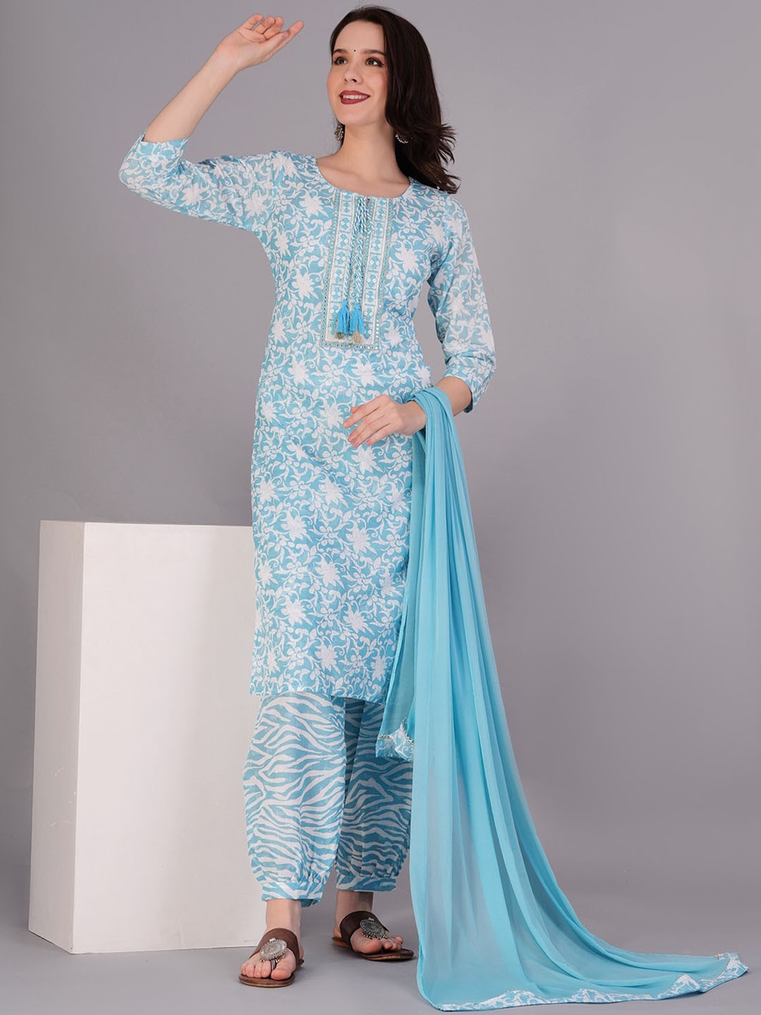 

JC4U Floral Printed Mirror Work Pure Cotton Kurta With Trousers & Dupatta, Blue