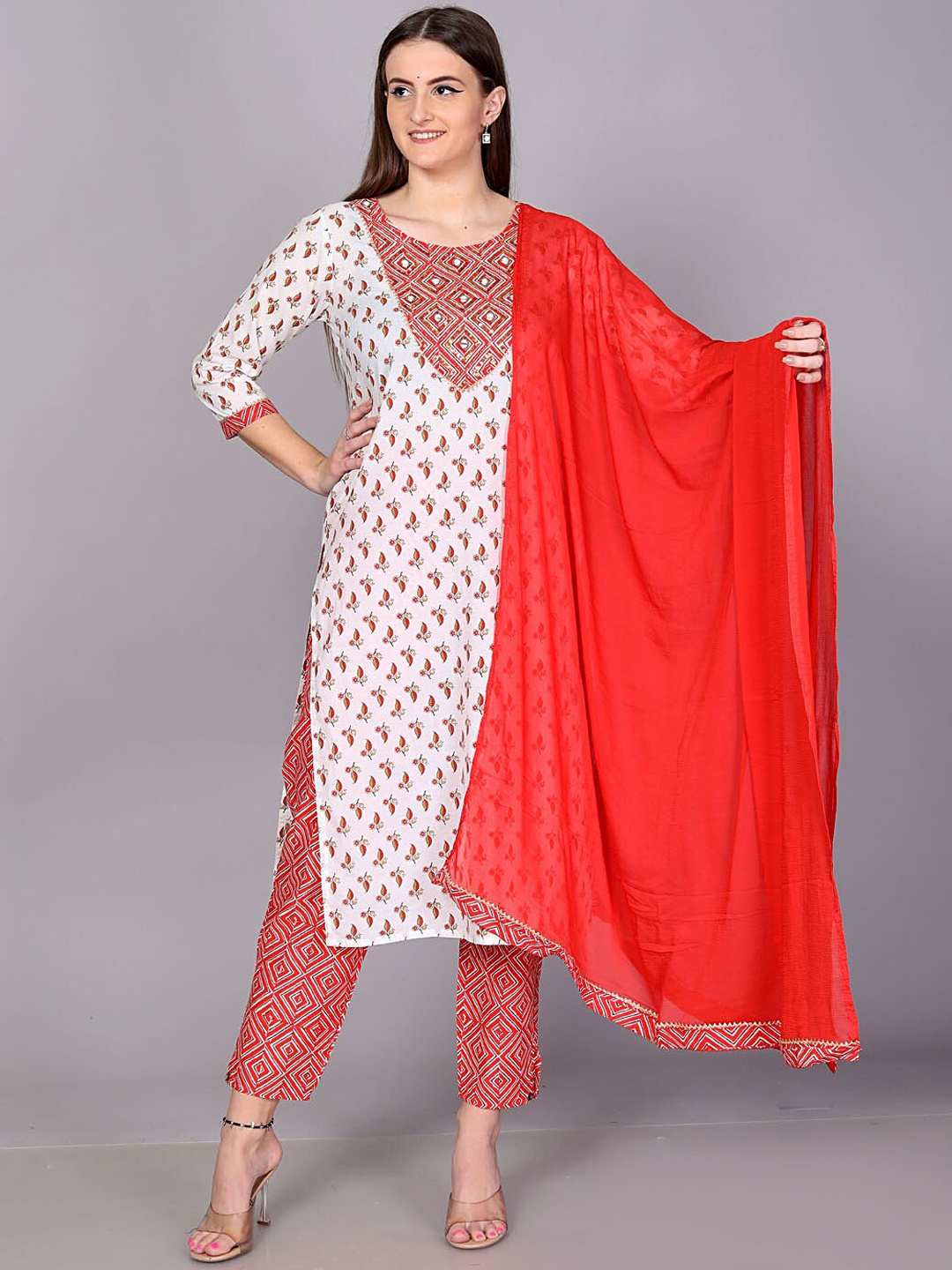 

JC4U Ethnic Motifs Printed Sequinned Pure Cotton Kurta With Trousers & Dupatta, Red