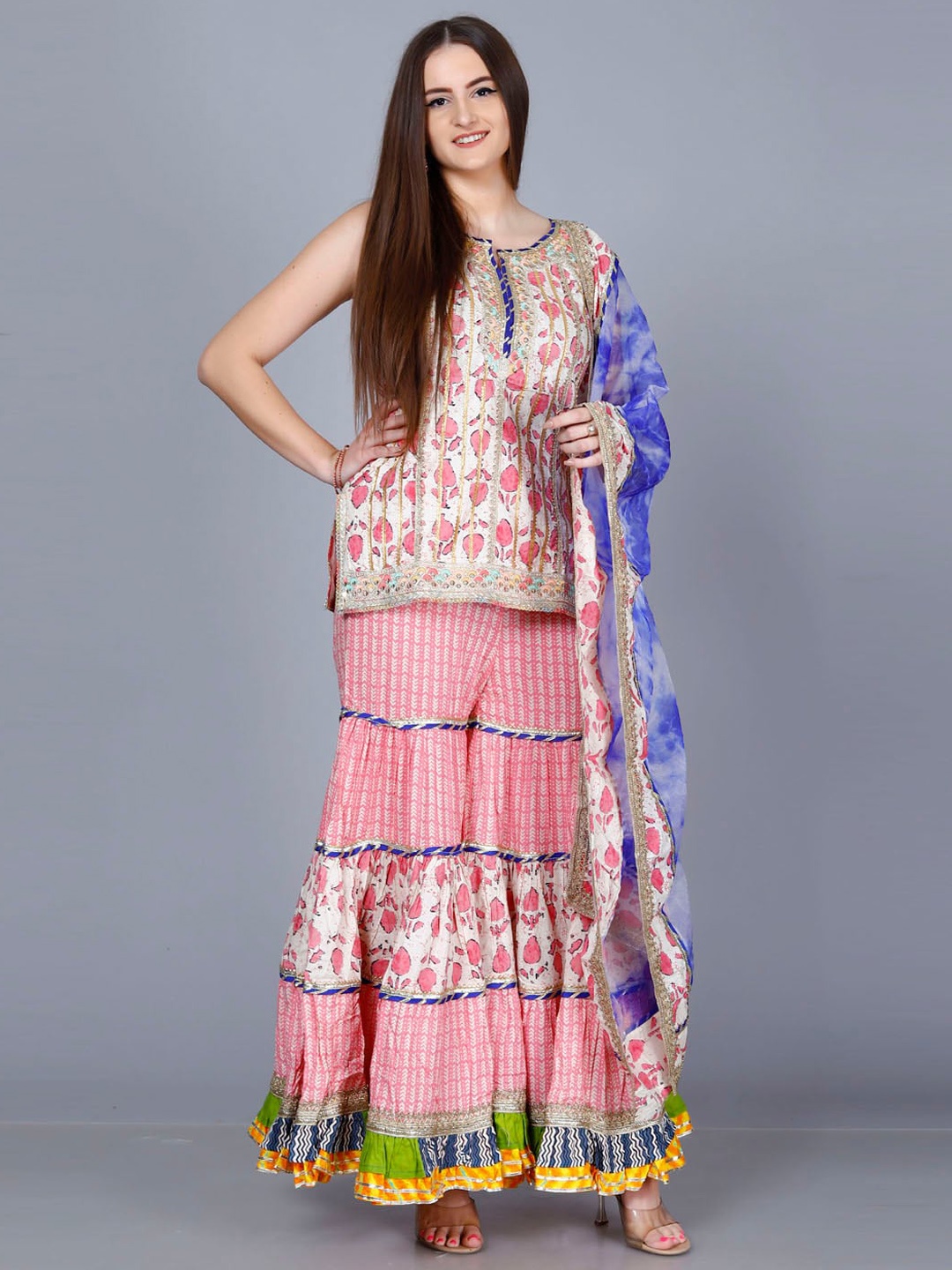 

JC4U Printed Gotta Patti Pure Cotton Kurti With Sharara & Dupatta, Pink