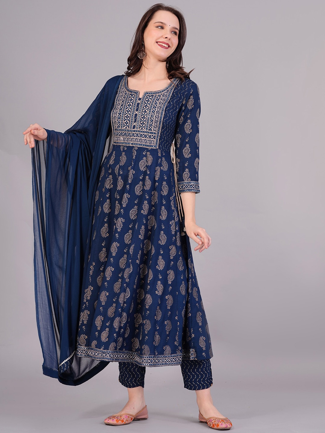 

JC4U Ethnic Motifs Printed Panelled Mirror Work Kurta With Trousers & Dupatta, Blue