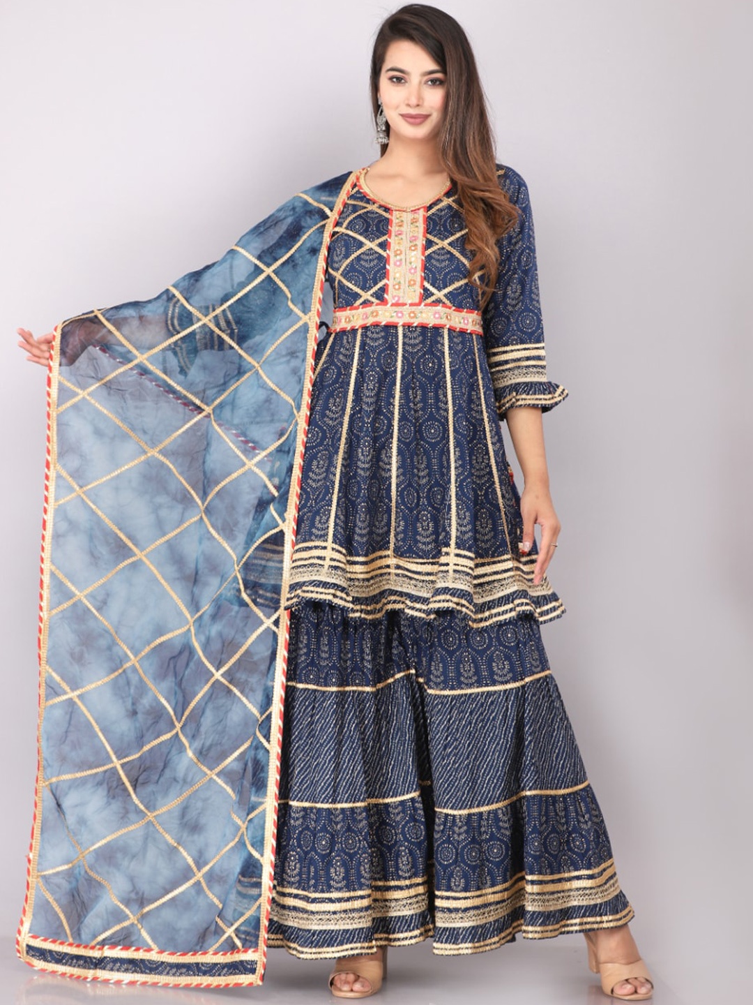 

JC4U Ethnic Motifs Printed Gotta Patti Kurta With Sharara & Dupatta, Blue