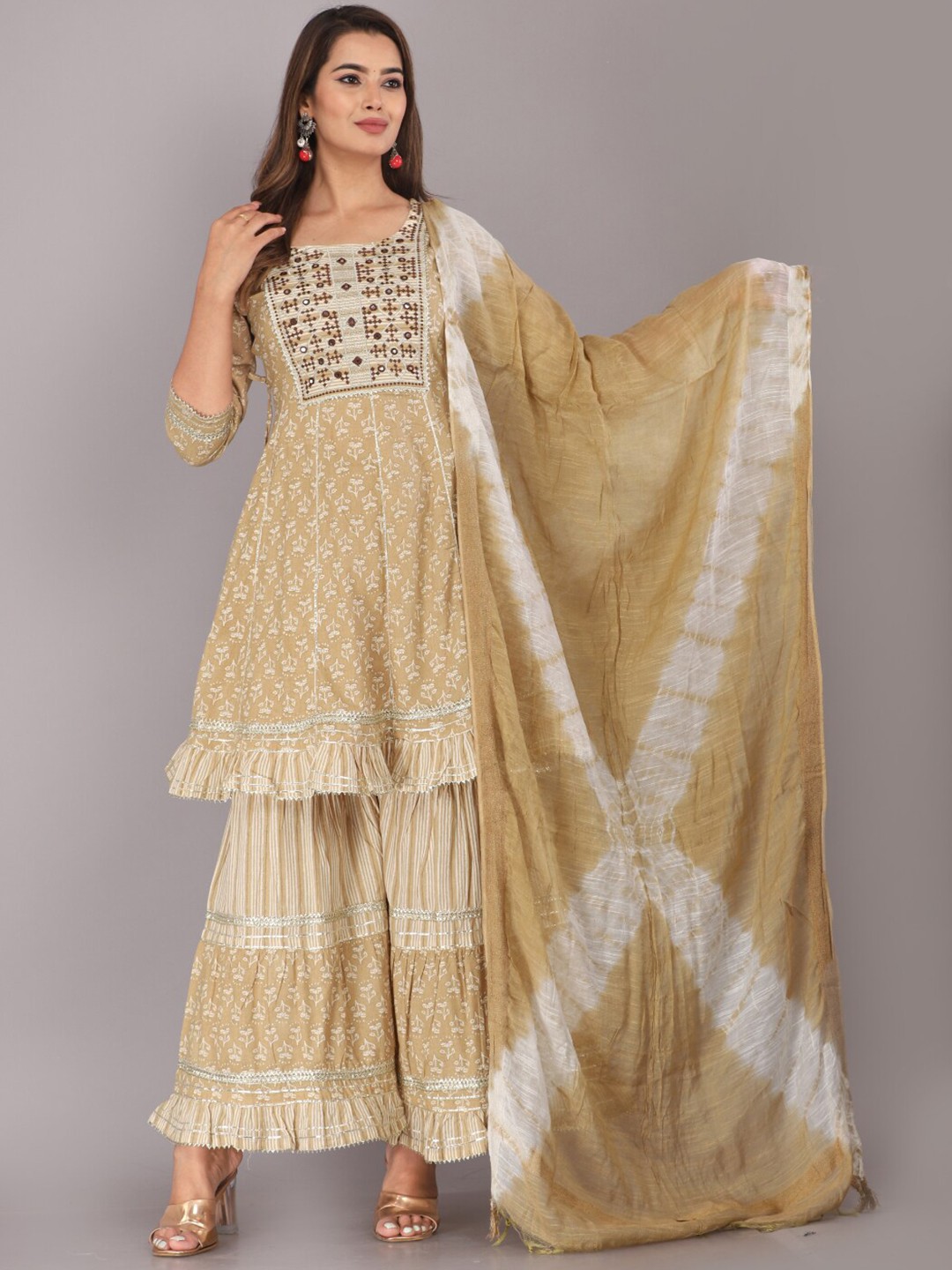 

JC4U Floral Printed Mirror Work Pure Cotton Kurta With Sharara & Dupatta, Beige