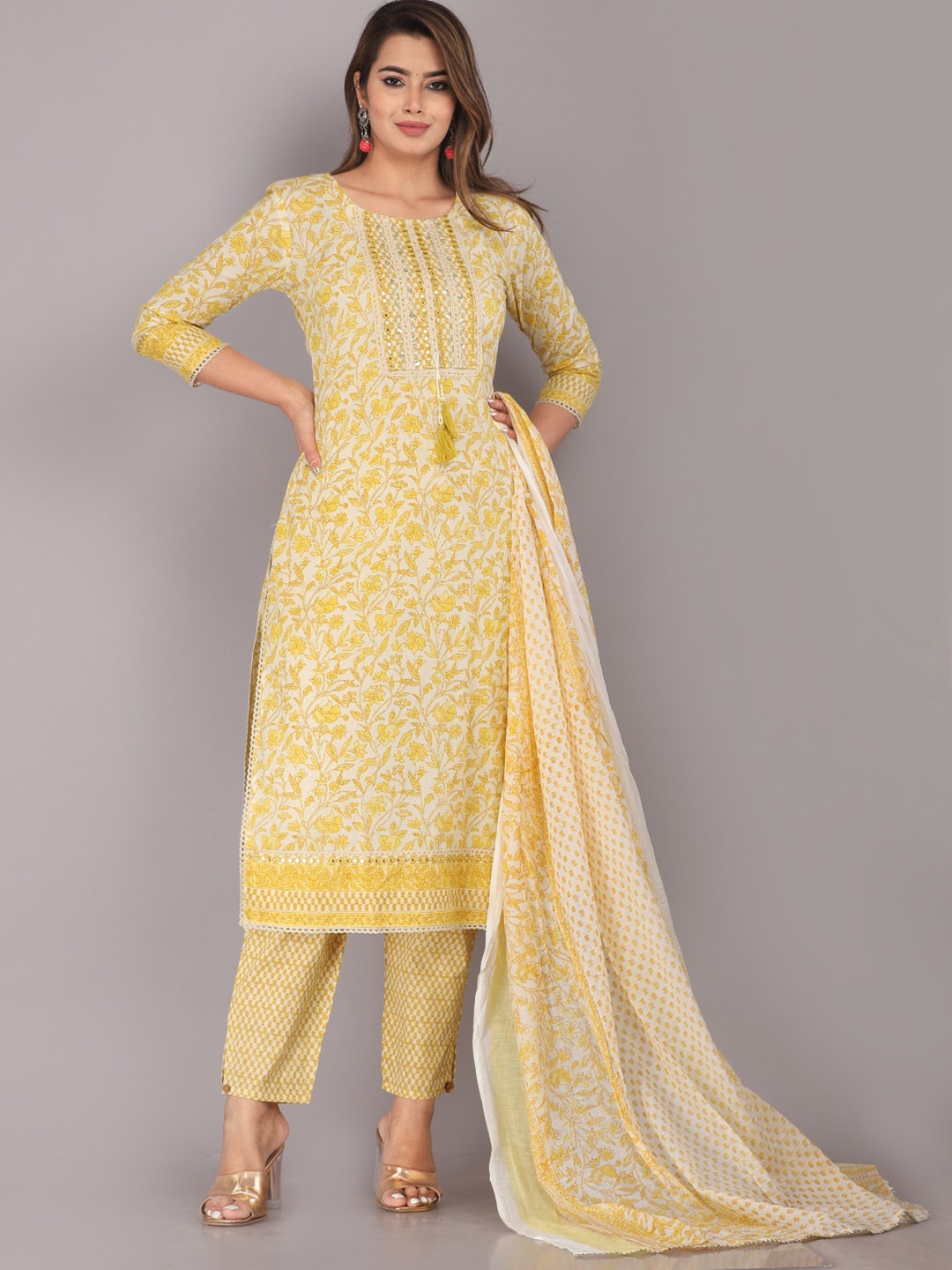 

JC4U Floral Printed Pure Cotton Tie Up Neck Kurta With Trousers & Dupatta, Yellow