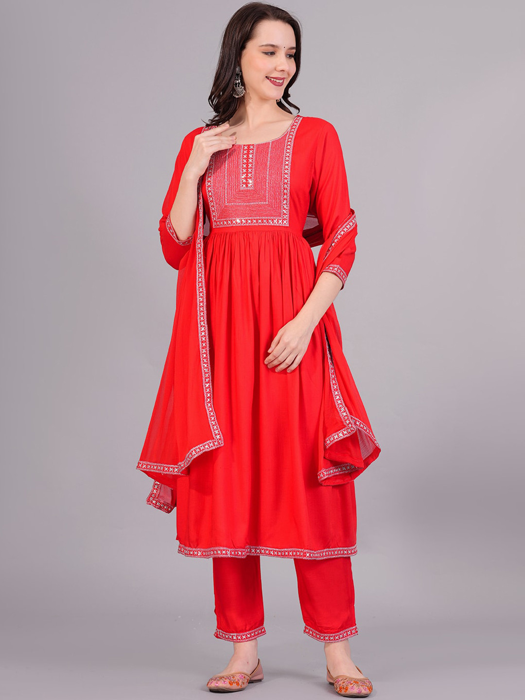 

JC4U Ethnic Motifs Yoke Design Thread Work A-Line Kurta with Trouser & Dupatta, Red