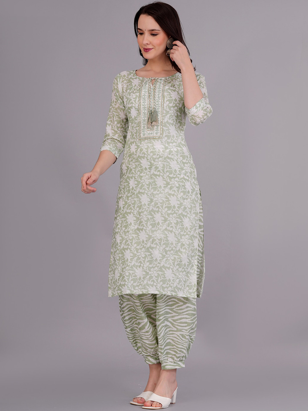

JC4U Floral Printed Tie-Up Neck Mirror Work Pure Cotton Kurta with Salwar & Dupatta, Green