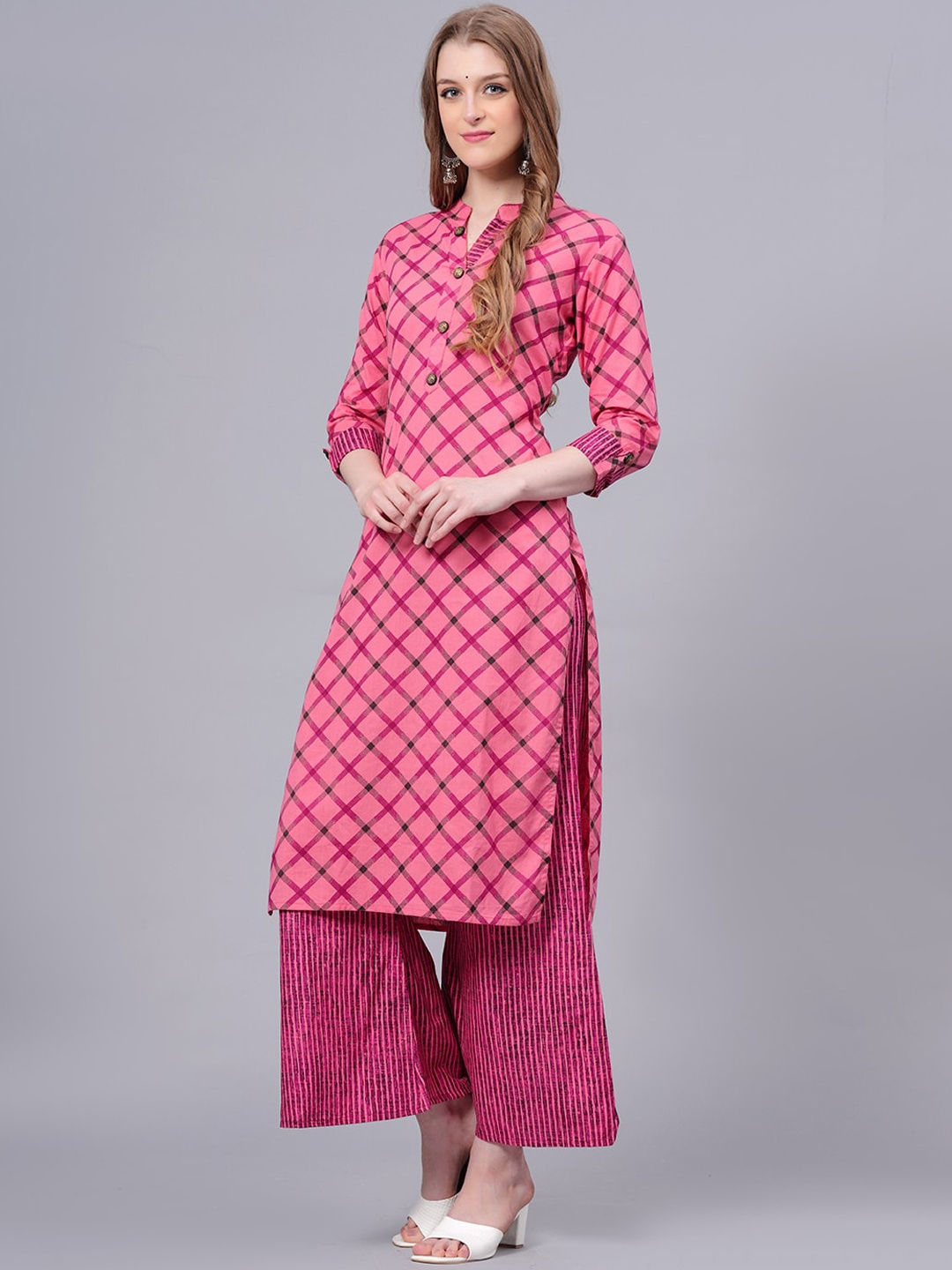 

JC4U Checked Mandarin Collar Pure Cotton Straight Kurta with Palazzo, Pink