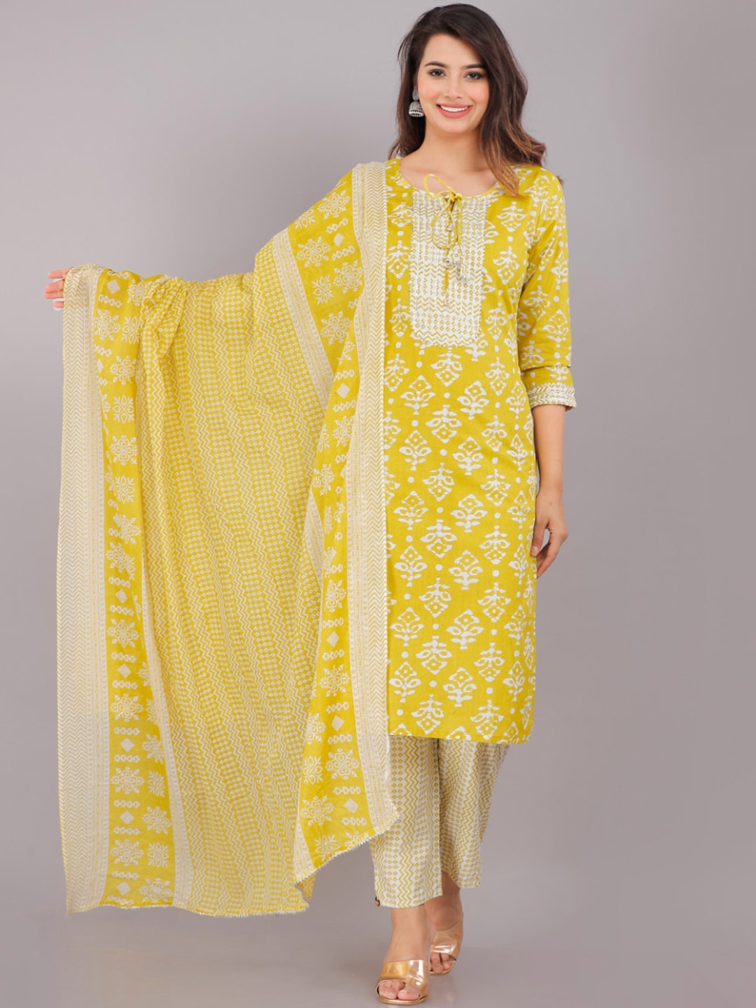 

JC4U Ethnic Motif Printed Gotta Patti Pure Cotton Kurta With Trousers & Dupatta, Yellow