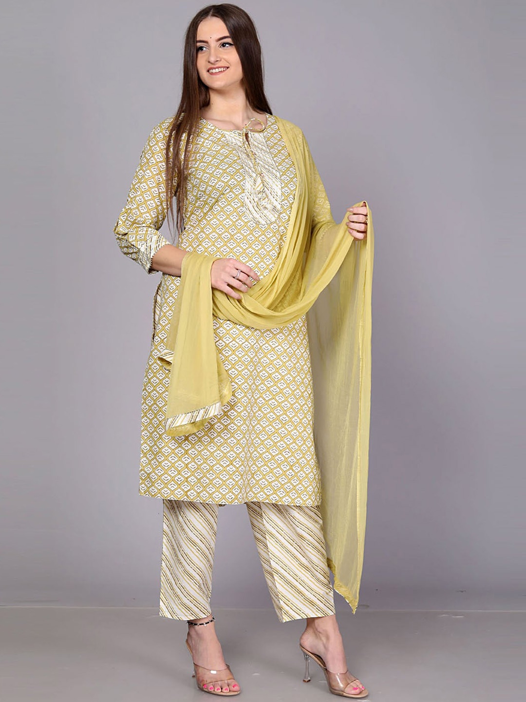 

JC4U Ethnic Motifs Printed Gotta Patti Pure Cotton Kurta with Trousers & Dupatta, Yellow