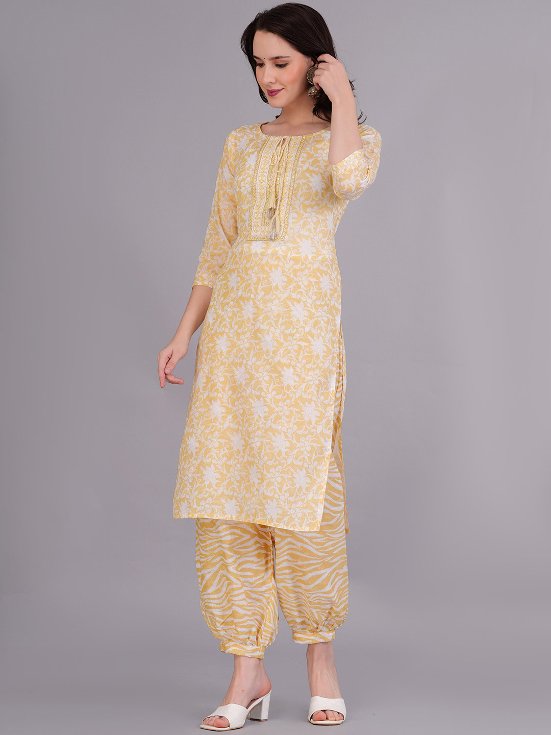 

JC4U Floral Printed Mirror Work Pure Cotton Kurta With Salwar & Dupatta, Yellow