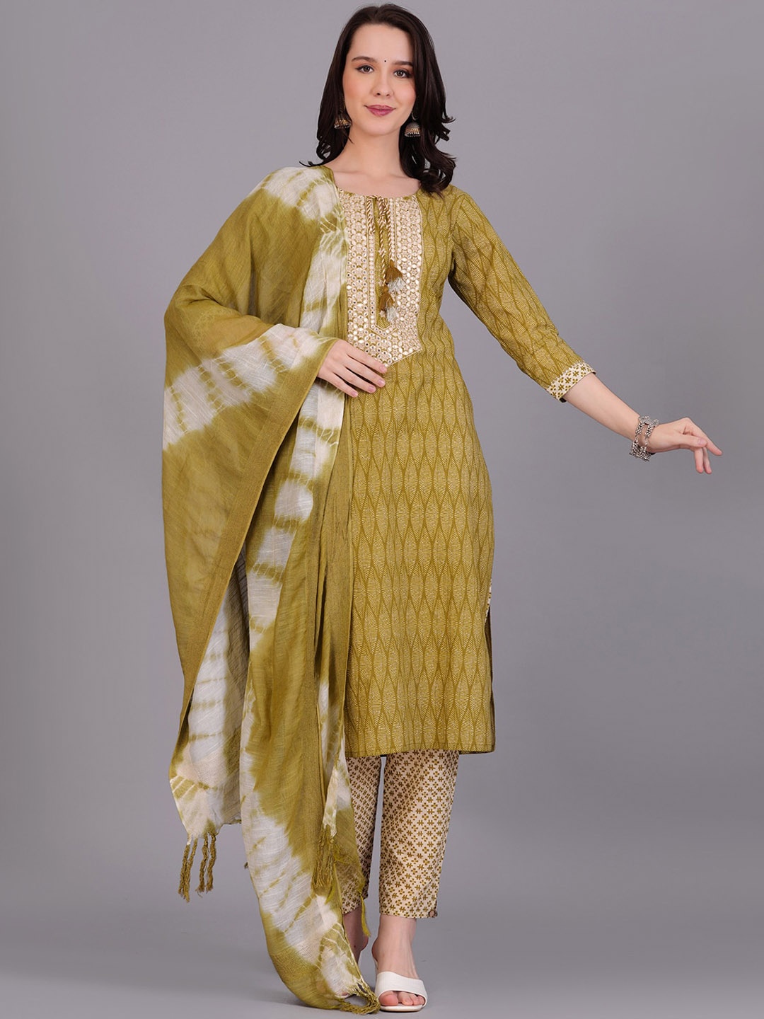 

JC4U Ethnic Motifs Printed Mirror Work Pure Cotton Kurta With Trouser & Dupatta, Green