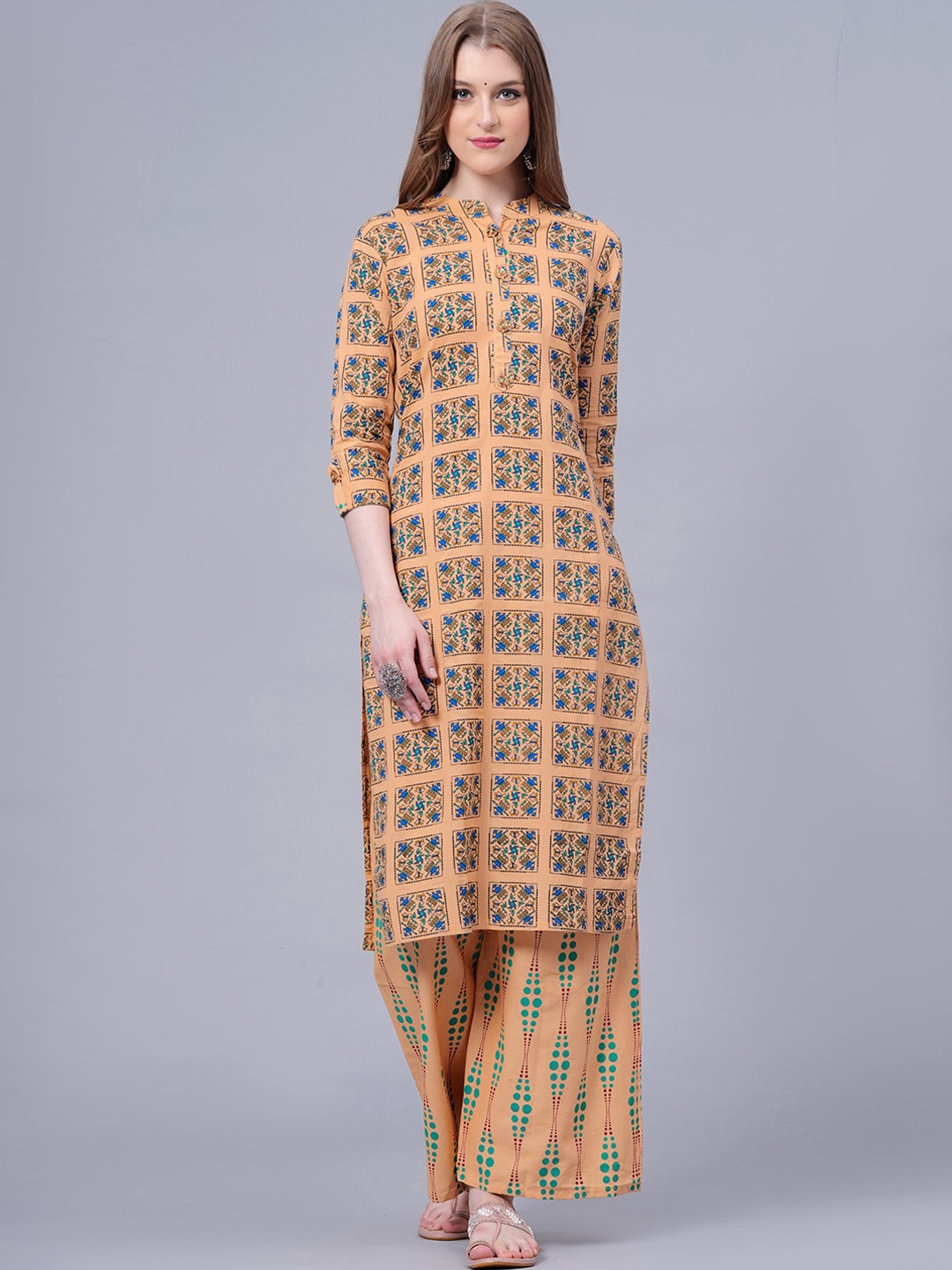 

JC4U Ethnic Motifs Printed Mandarin Collar Pure Cotton Kurta With Palazzos, Beige