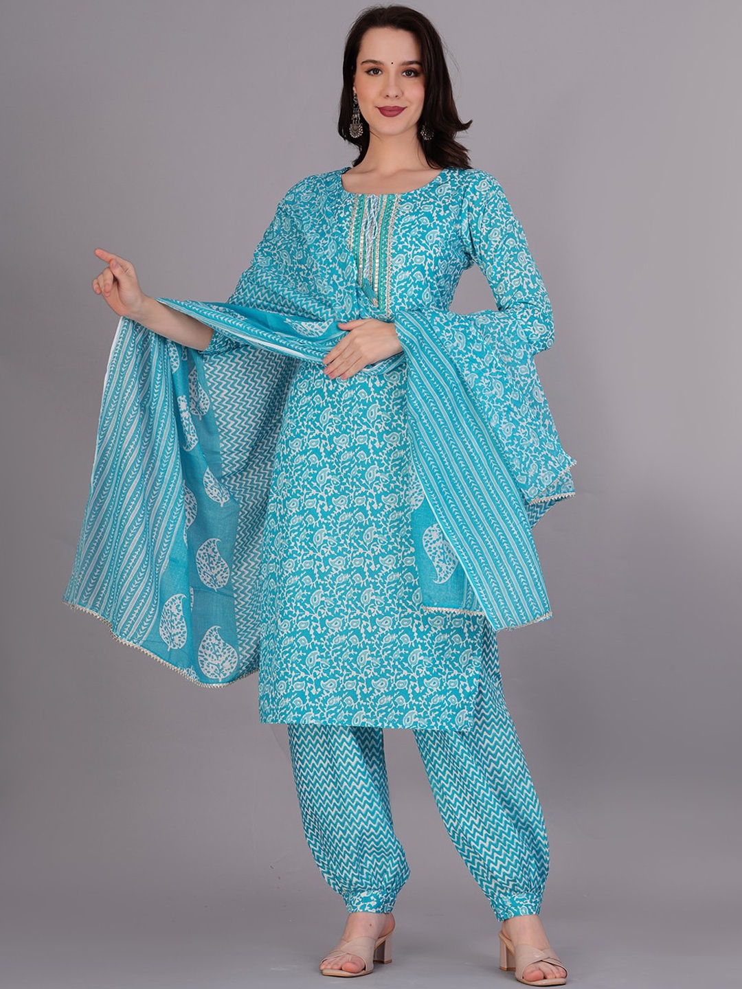 

JC4U Ethnic Motifs Printed Mirror Work Gotta Patti Pure Cotton Kurta With Salwar & Dupatta, Blue