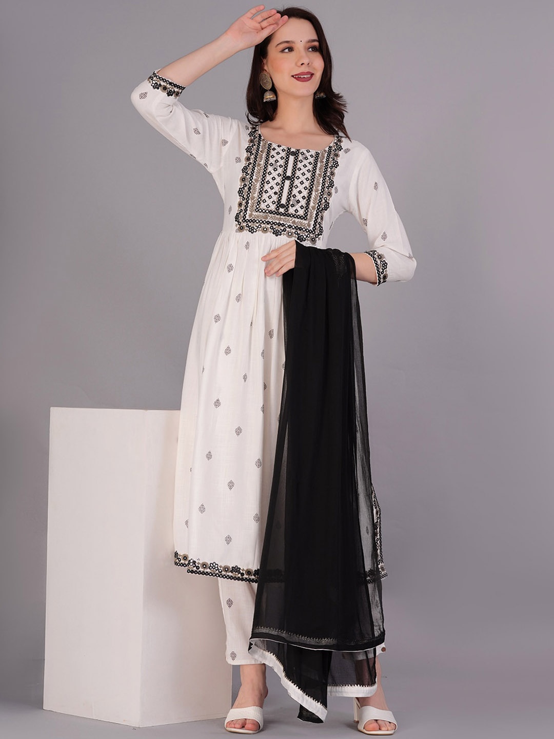 

JC4U Ethnic Motifs Printed Mirror Work Straight Kurta With Trouser & Dupatta, White