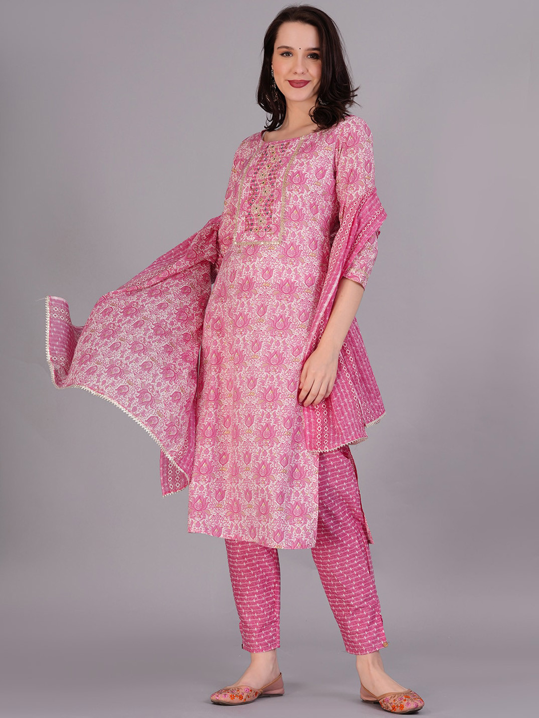 

JC4U Ethnic Motifs Printed Mirror Work Pure Cotton Kurta with Trousers & Dupatta, Pink