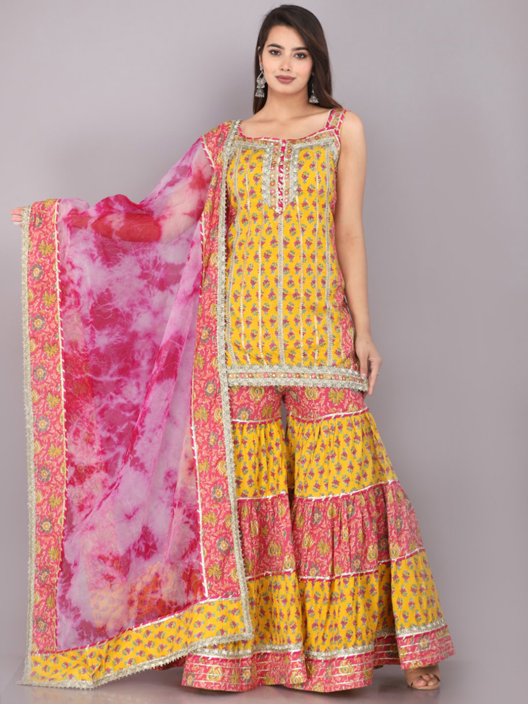 

JC4U Floral Printed Gotta Patti Pure Cotton Kurta with Sharara & Dupatta, Yellow