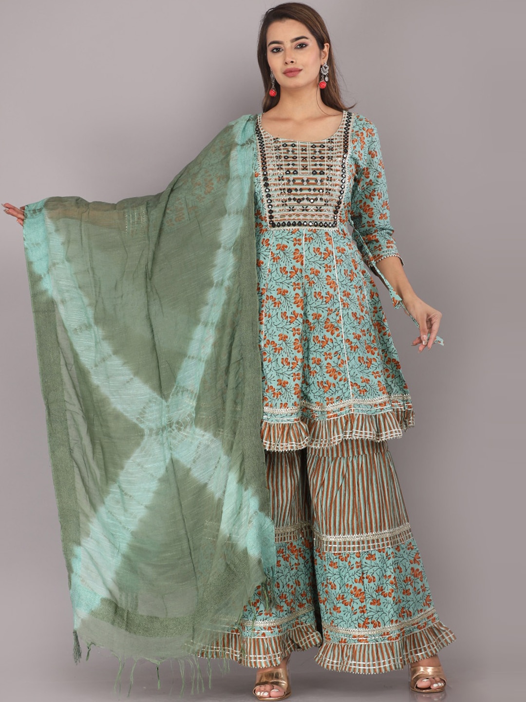 

JC4U Ethnic Motifs Printed Pure Cotton Kurta With Sharara & Dupatta, Green