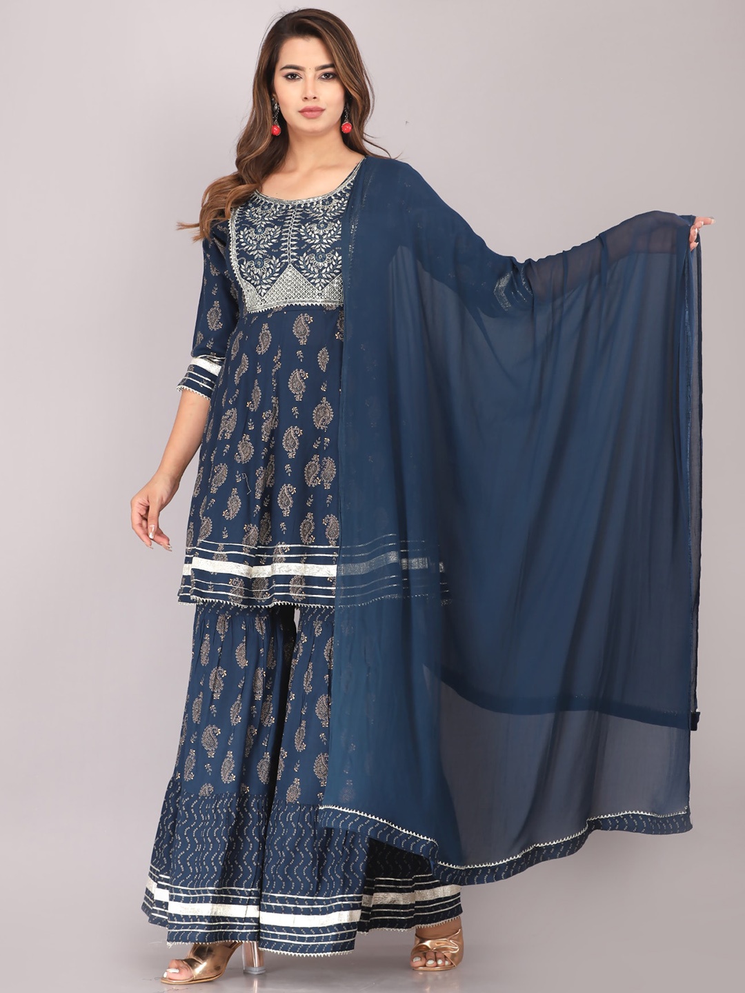 

JC4U Ethnic Motifs Printed Gotta Patti Kurta with Sharara & Dupatta, Navy blue