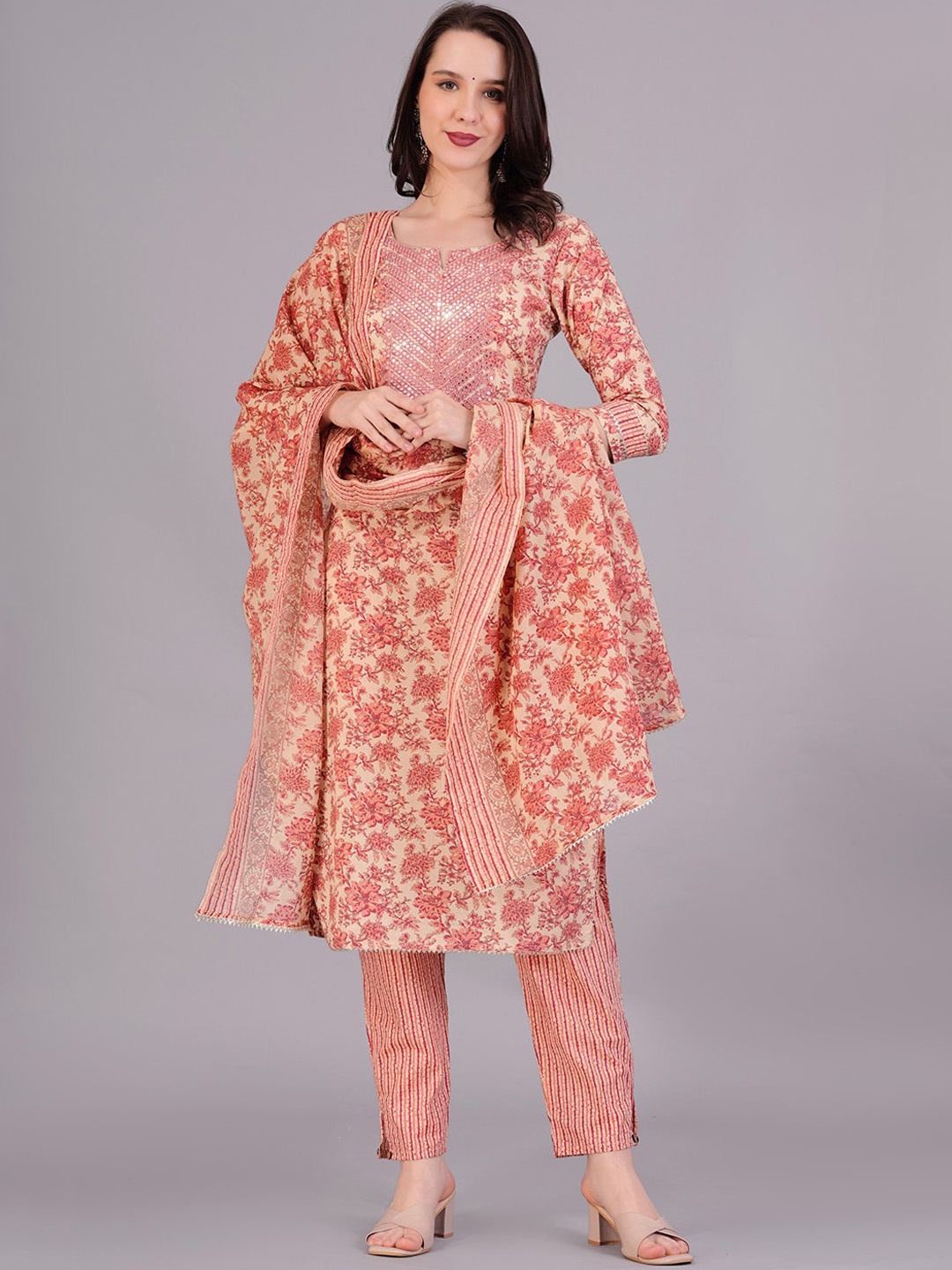 

JC4U Floral Printed Mirror Work Pure Cotton Kurta with Trouser & Dupatta, Peach
