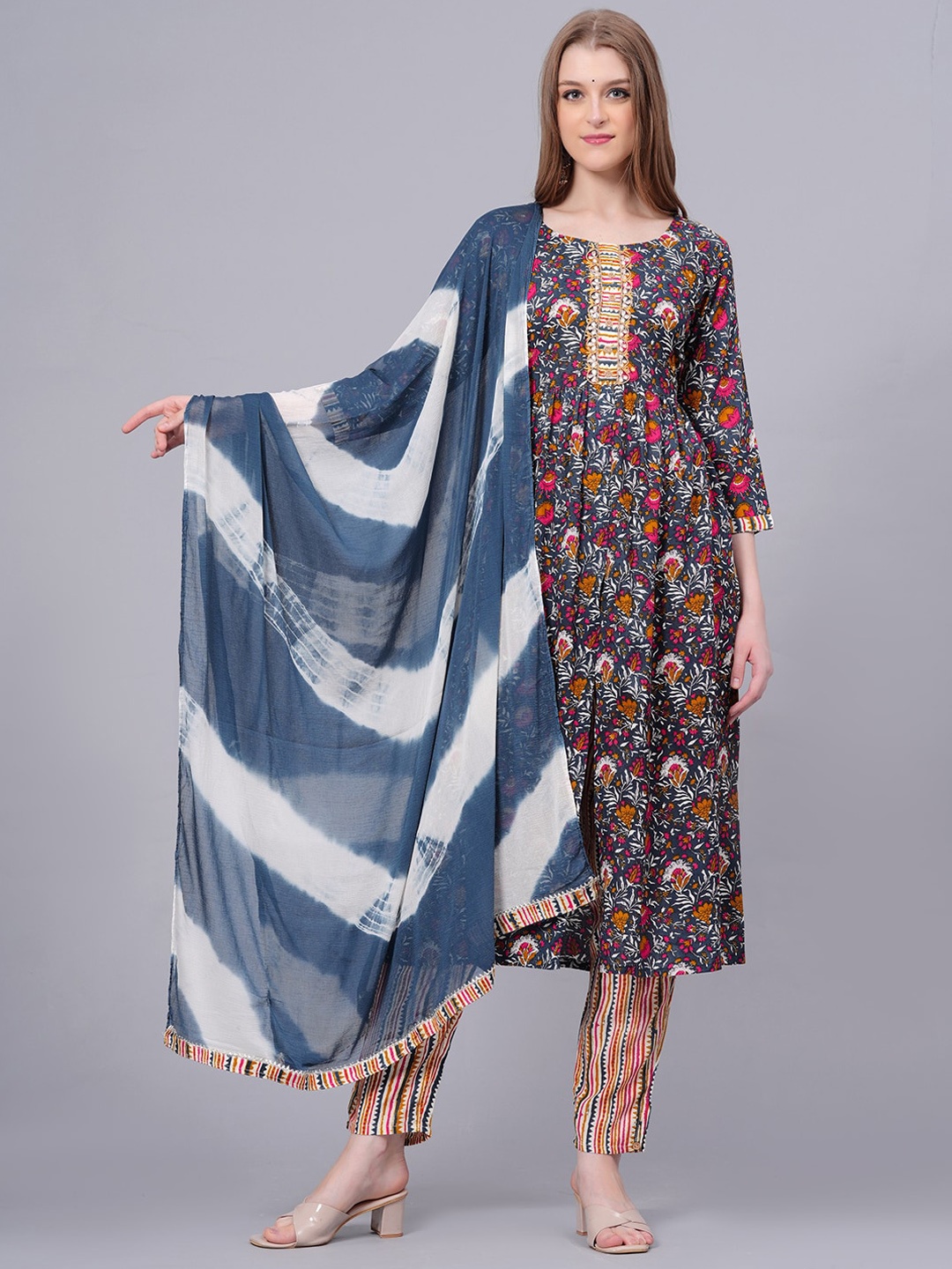 

JC4U Floral Printed Beads & Stones A-Line Kurta & Trouser With Dupatta, Blue