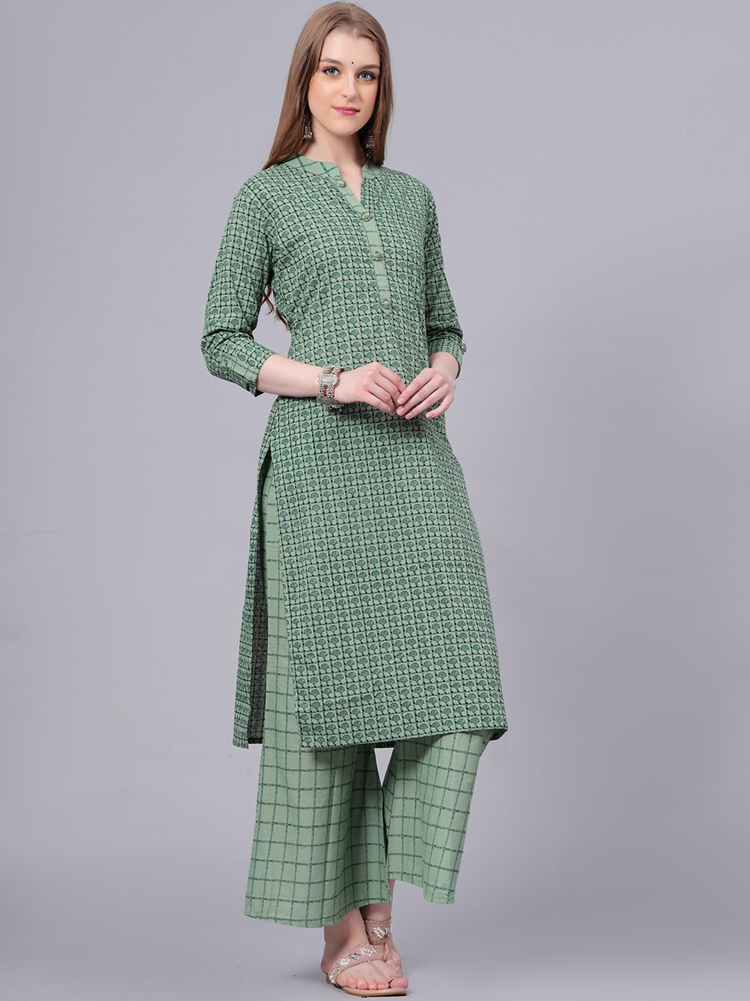 

JC4U Ethnic Motifs Printed Pure Cotton Straight Kurta with Palazzos, Green