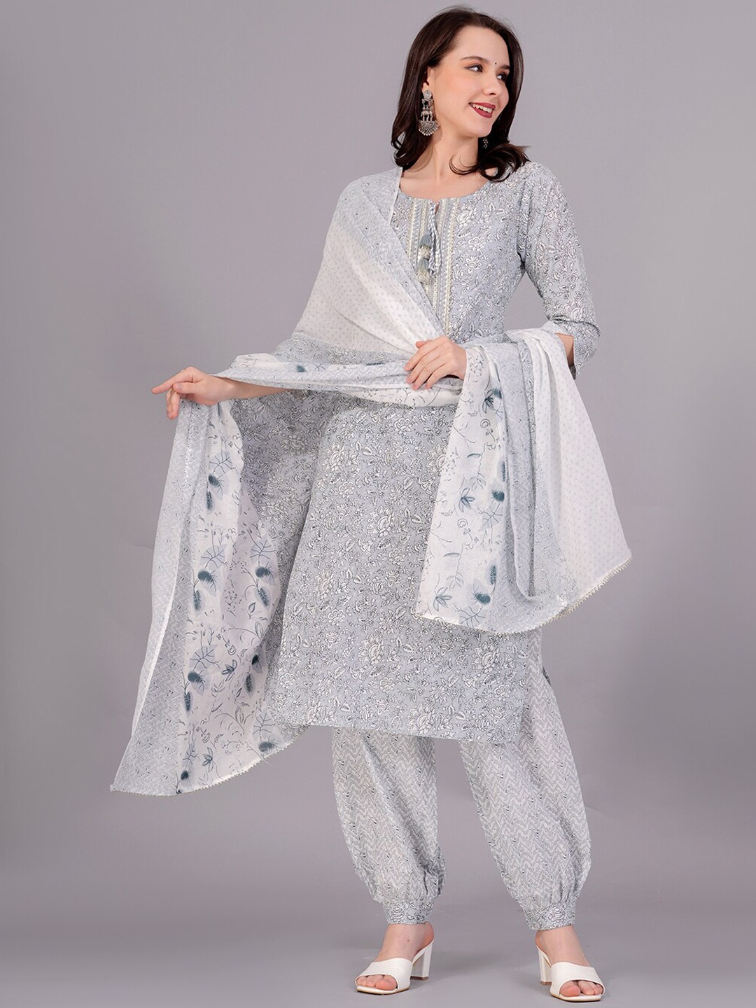 

JC4U Floral Printed Gotta Patti Pure Cotton Kurta With Salwar & Dupatta, Grey